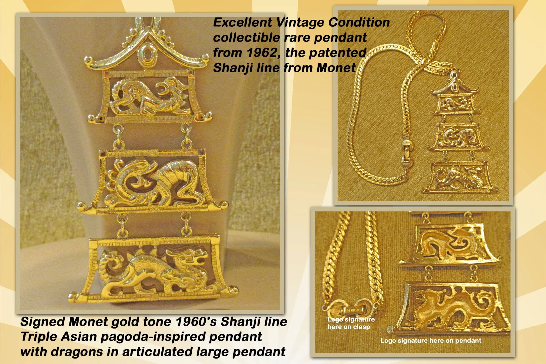 Monet Pendant and Dragons Necklace Gold Tone 60s Shanji Line Triple Pagodainspired Articulated Pendant Patented 1962 Signed Vintage by Monet - Image 3