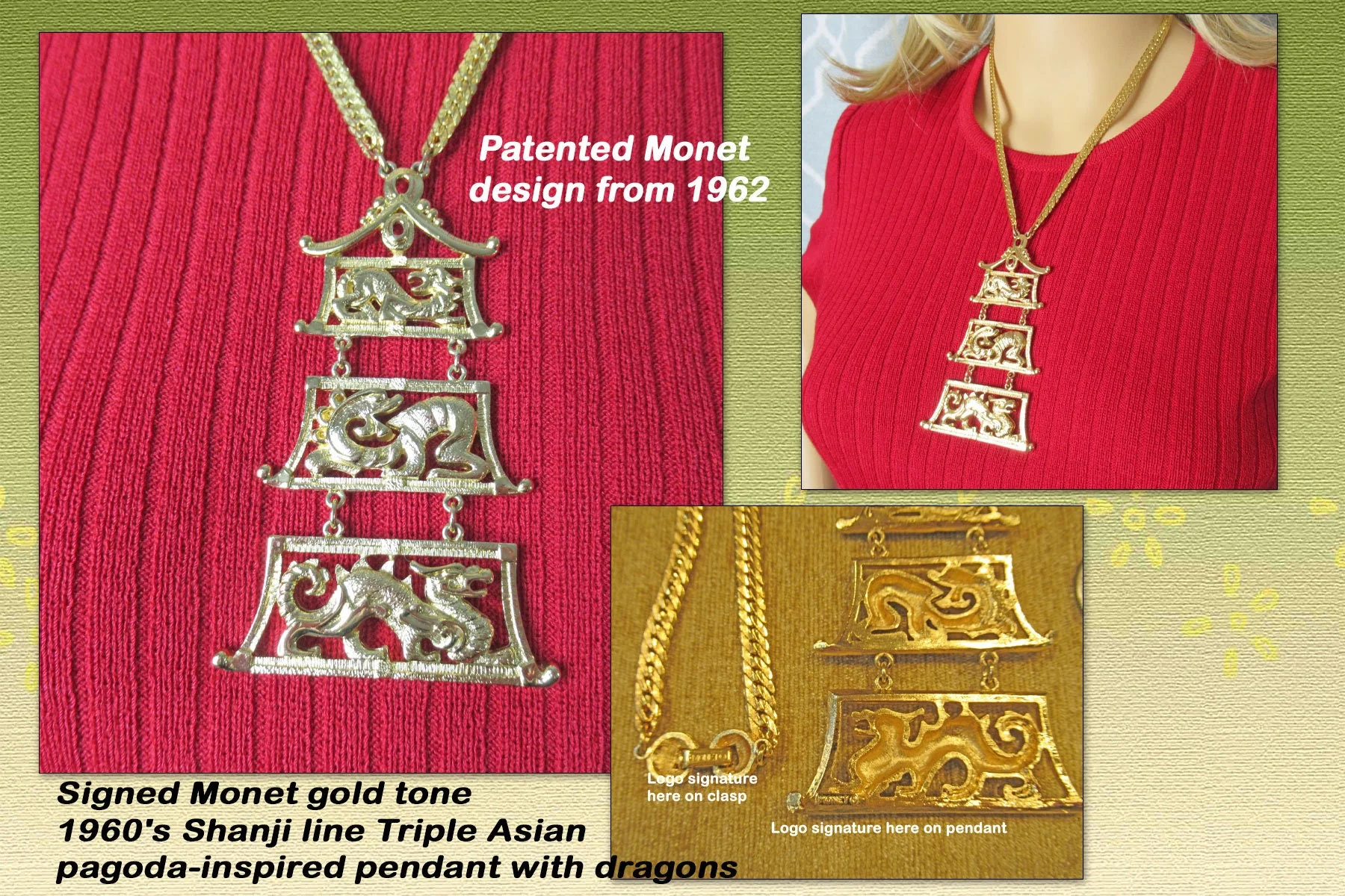 Monet Pendant and Dragons Necklace Gold Tone 60s Shanji Line Triple Pagodainspired Articulated Pendant Patented 1962 Signed Vintage by Monet - Image 4