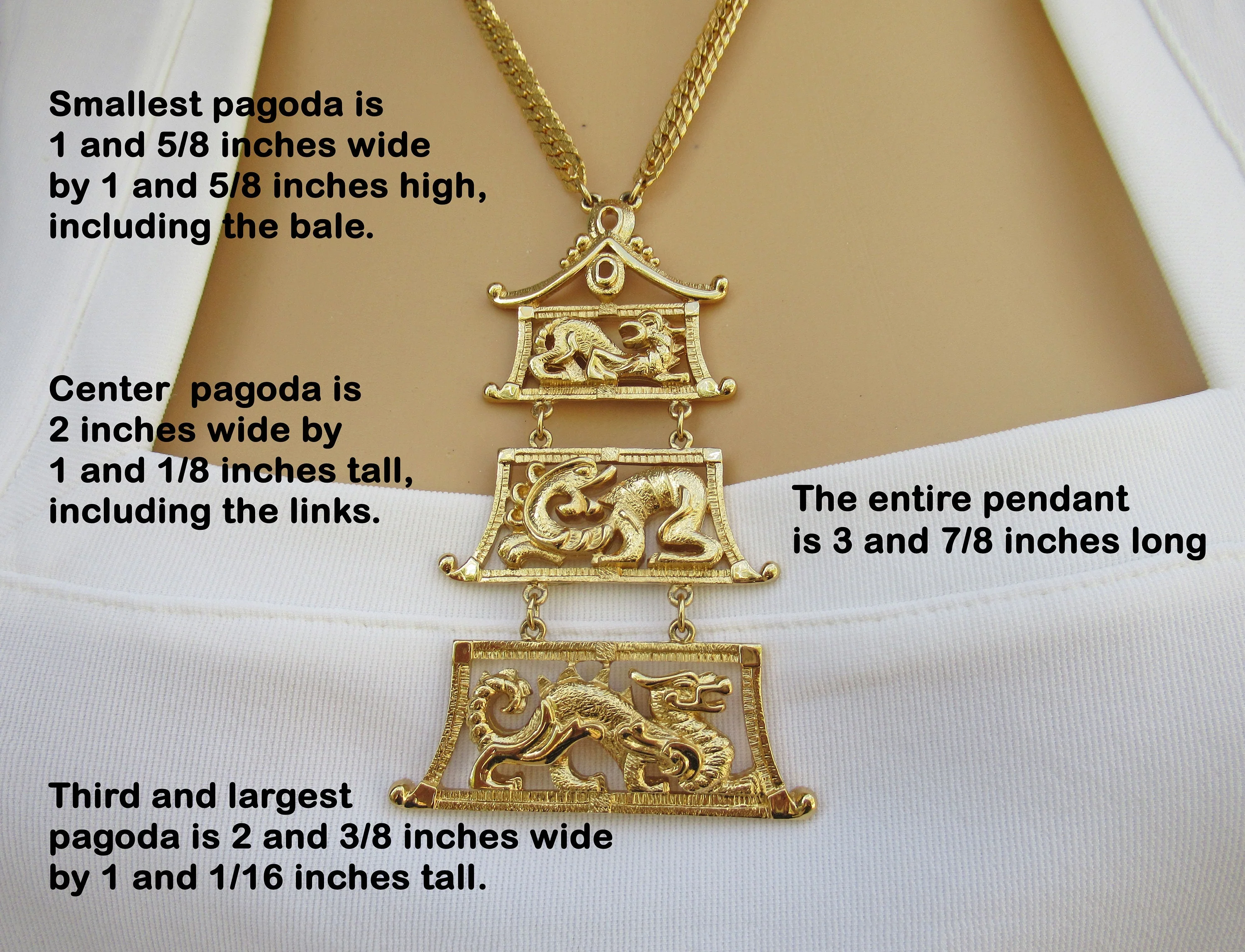Monet Pendant and Dragons Necklace Gold Tone 60s Shanji Line Triple Pagodainspired Articulated Pendant Patented 1962 Signed Vintage by Monet - Image 5