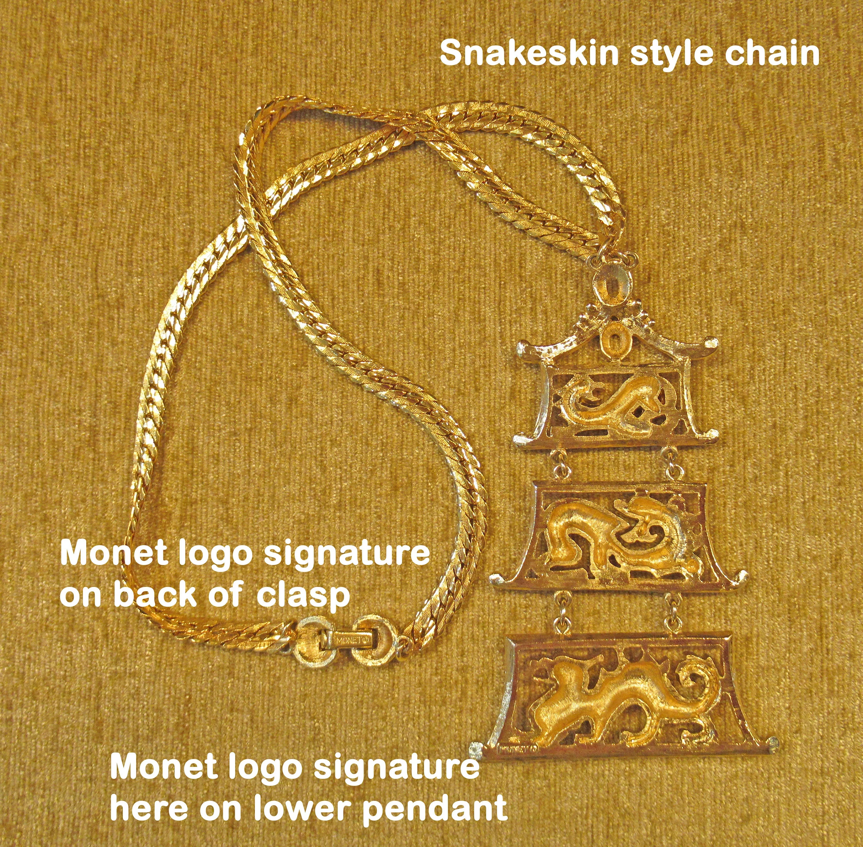 Monet Pendant and Dragons Necklace Gold Tone 60s Shanji Line Triple Pagodainspired Articulated Pendant Patented 1962 Signed Vintage by Monet - Image 6
