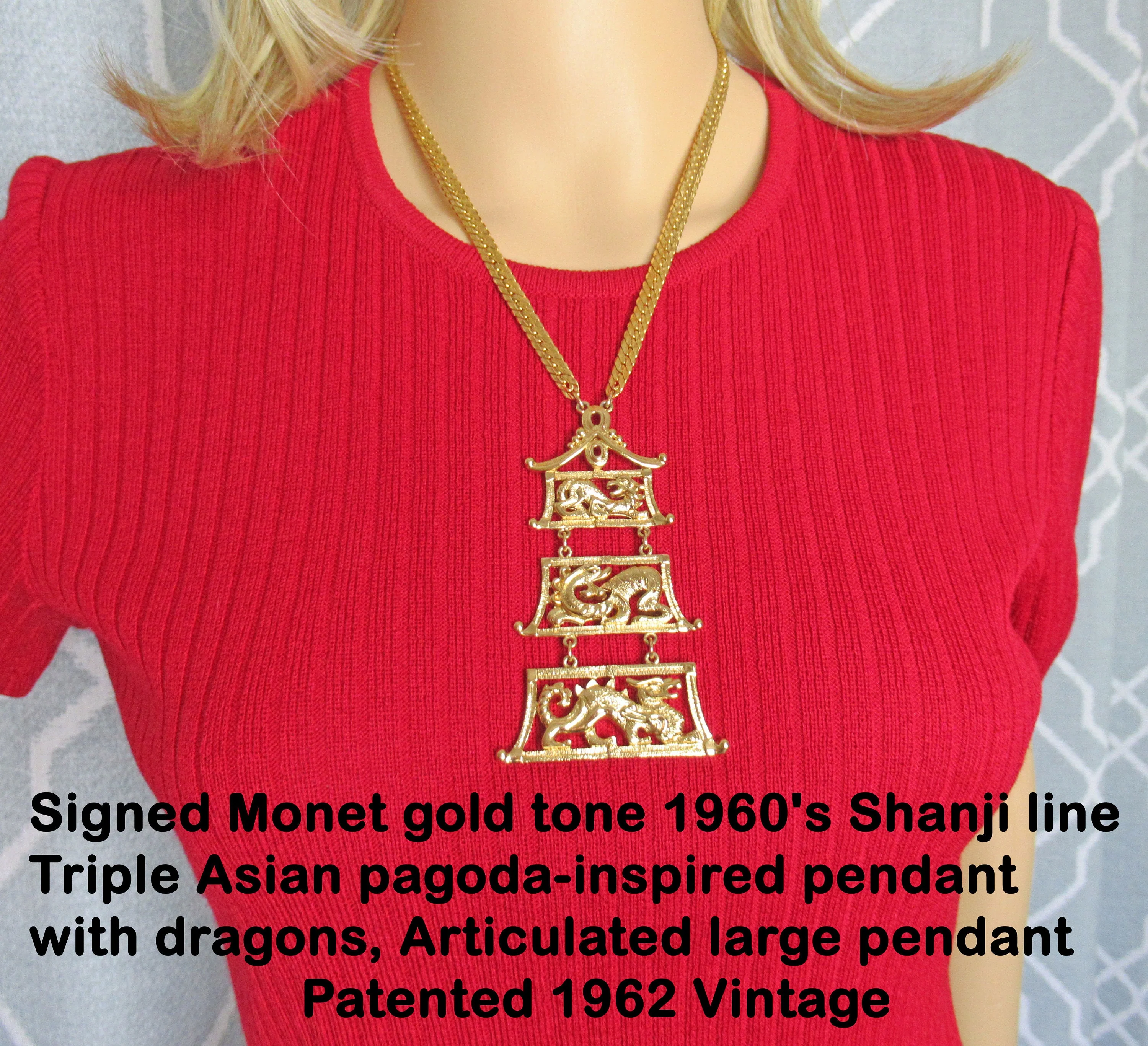 Monet Pendant and Dragons Necklace Gold Tone 60s Shanji Line Triple Pagodainspired Articulated Pendant Patented 1962 Signed Vintage by Monet - Image 7