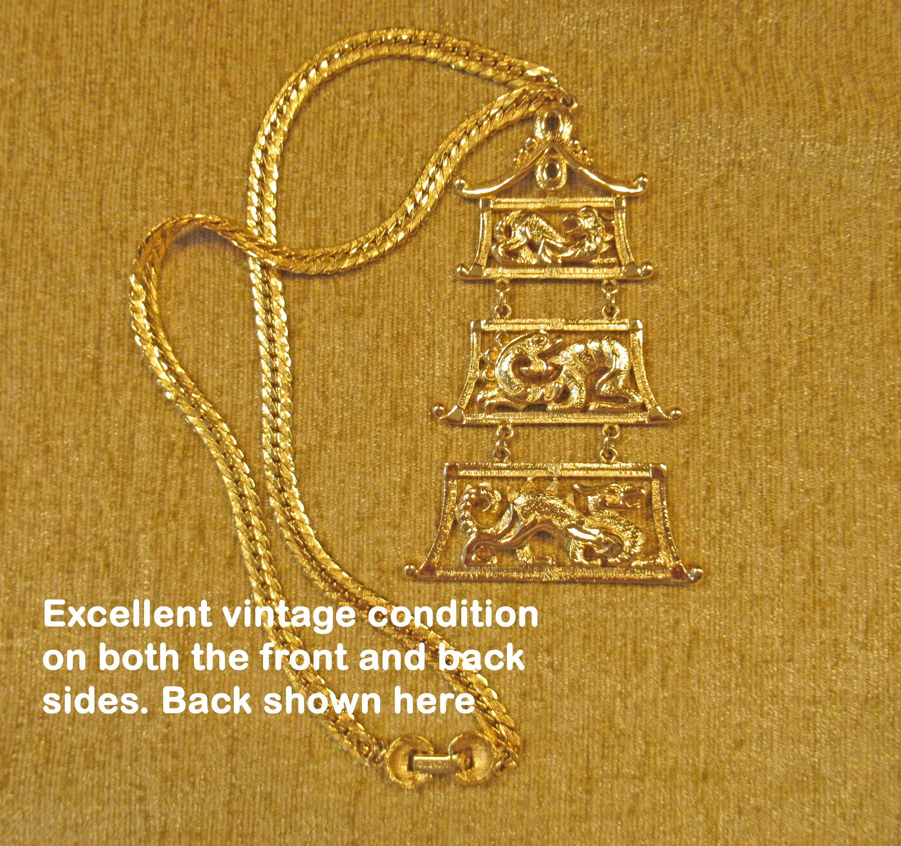 Monet Pendant and Dragons Necklace Gold Tone 60s Shanji Line Triple Pagodainspired Articulated Pendant Patented 1962 Signed Vintage by Monet - Image 8