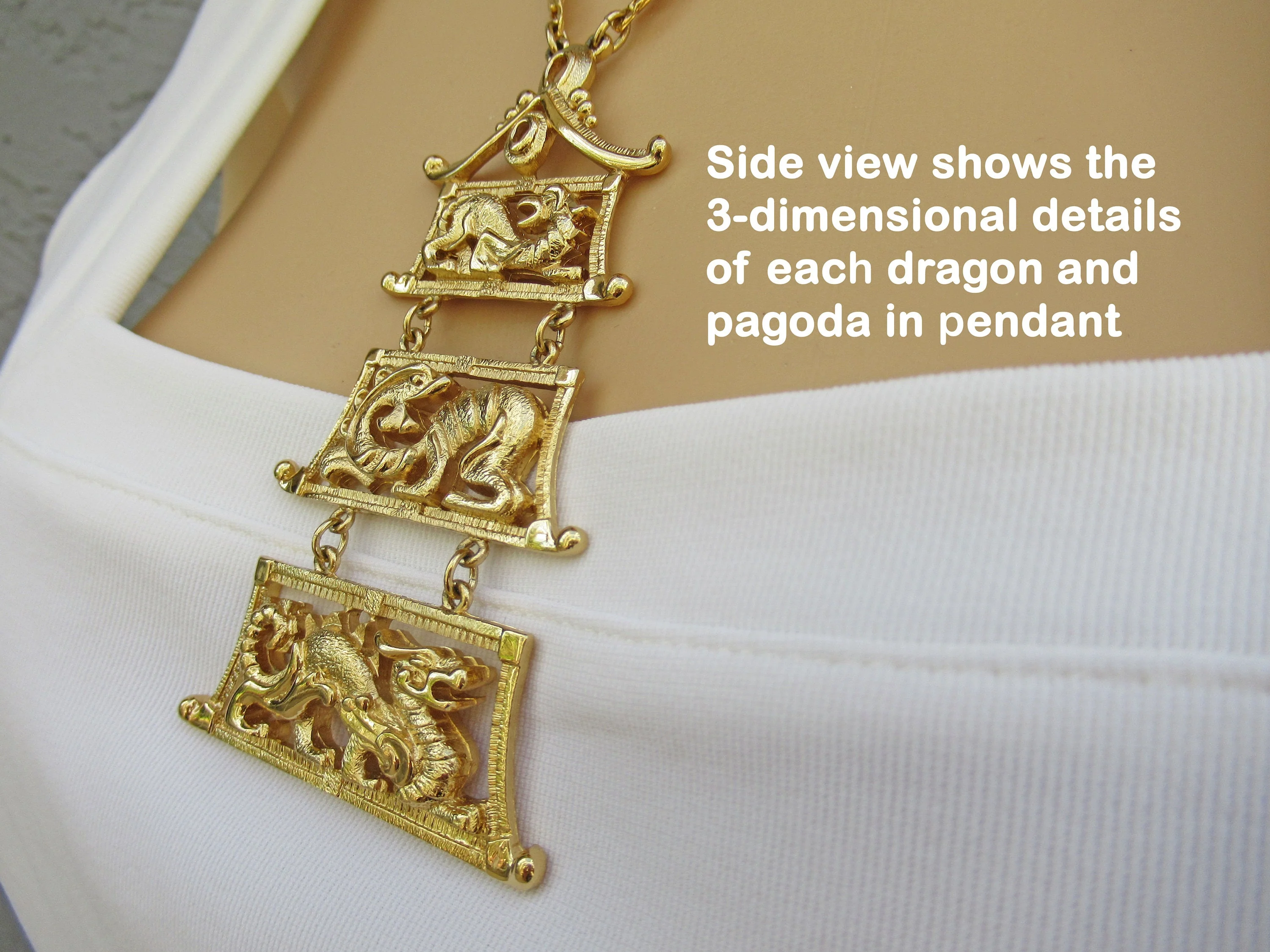 Monet Pendant and Dragons Necklace Gold Tone 60s Shanji Line Triple Pagodainspired Articulated Pendant Patented 1962 Signed Vintage by Monet - Image 9