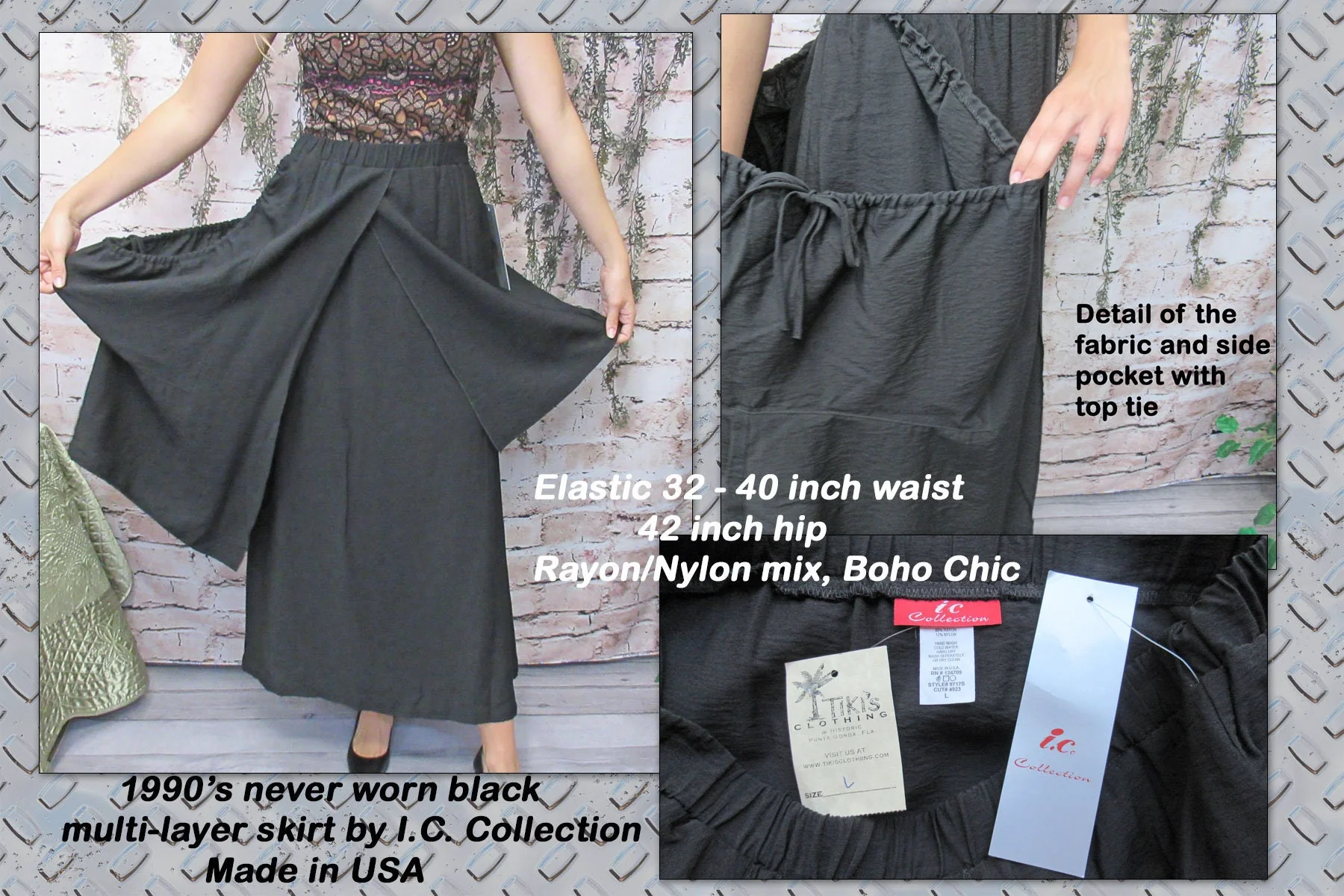 Multilayer Skirt Elastic 90s Black Rayon Nylon Mix by IC Collection - Image 3