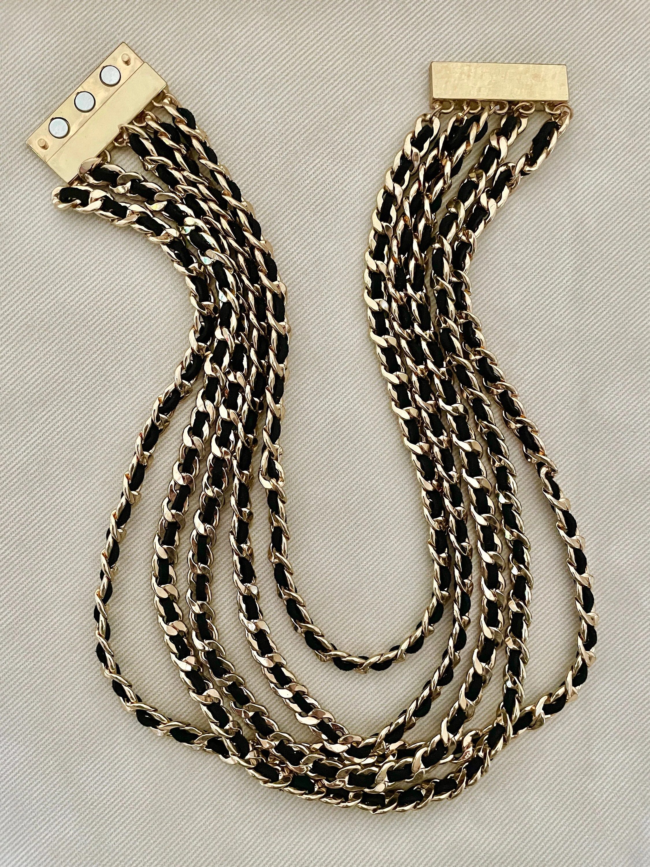 Multistrand Choker Gold Chain and Leather Link Statement Necklace Signed Vintage Jewelry - Image 3