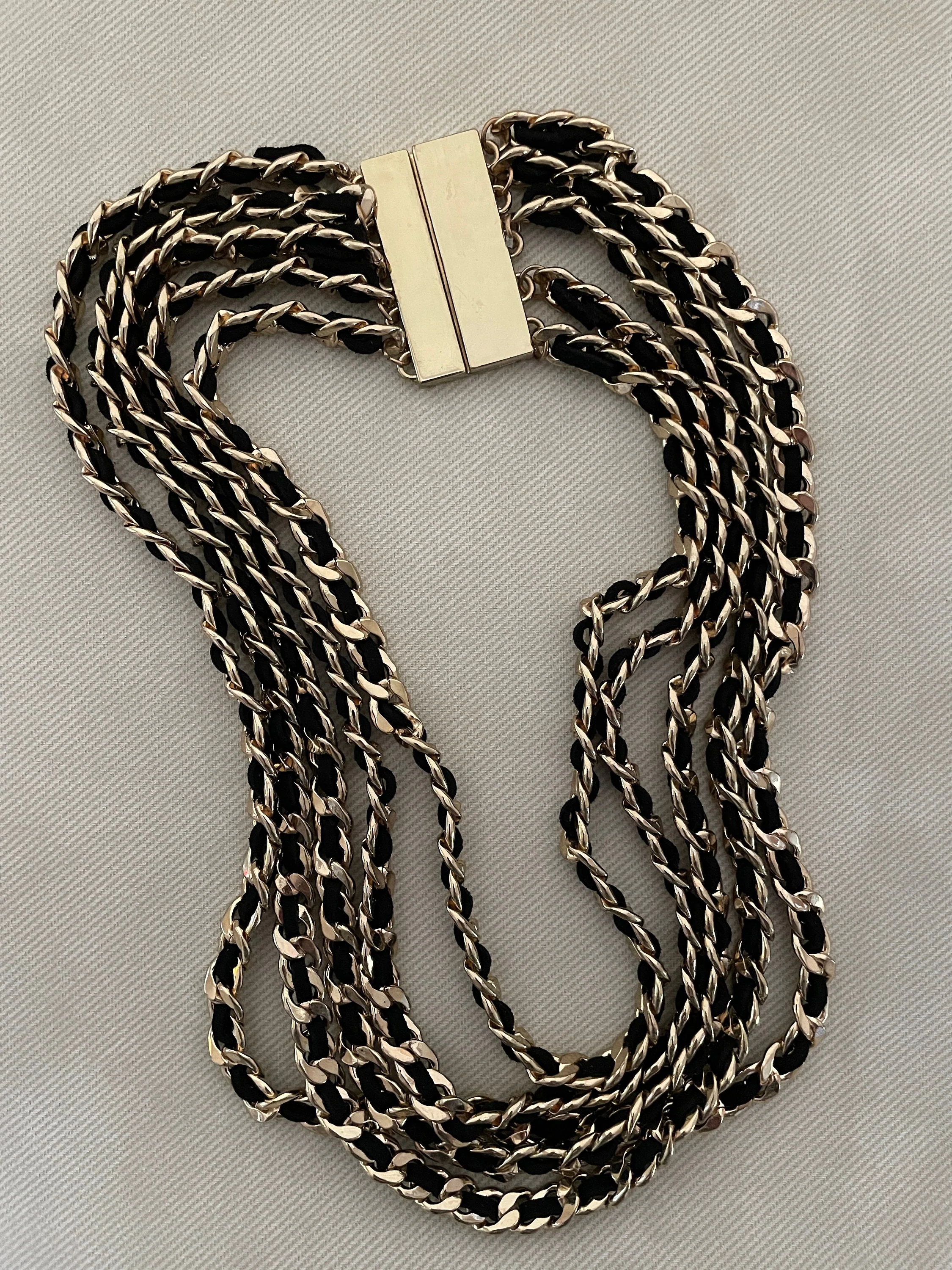Multistrand Choker Gold Chain and Leather Link Statement Necklace Signed Vintage Jewelry - Image 5