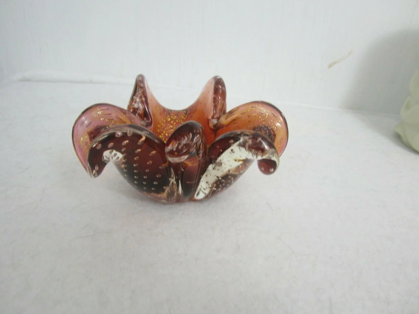 Murano Vintage Venetian Glass Bowl Mcm Bullicante Bubbles Clover Leaf Red W Gold - Image 6