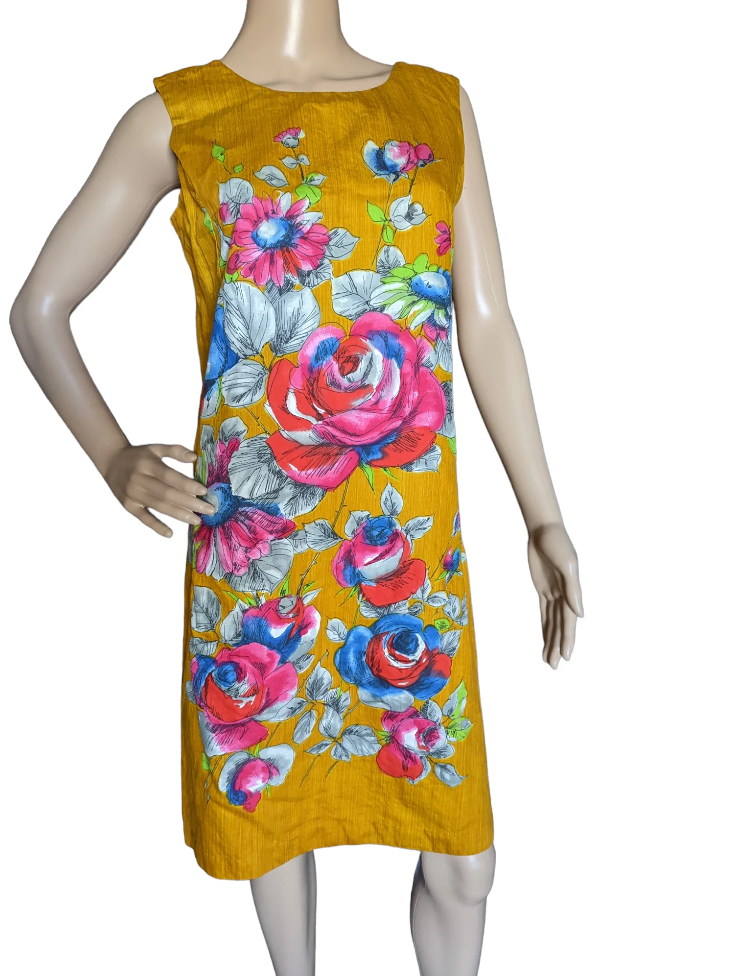 60s Mustard Yellow Psychedelic Floral Sleeveless Dress - Image 3