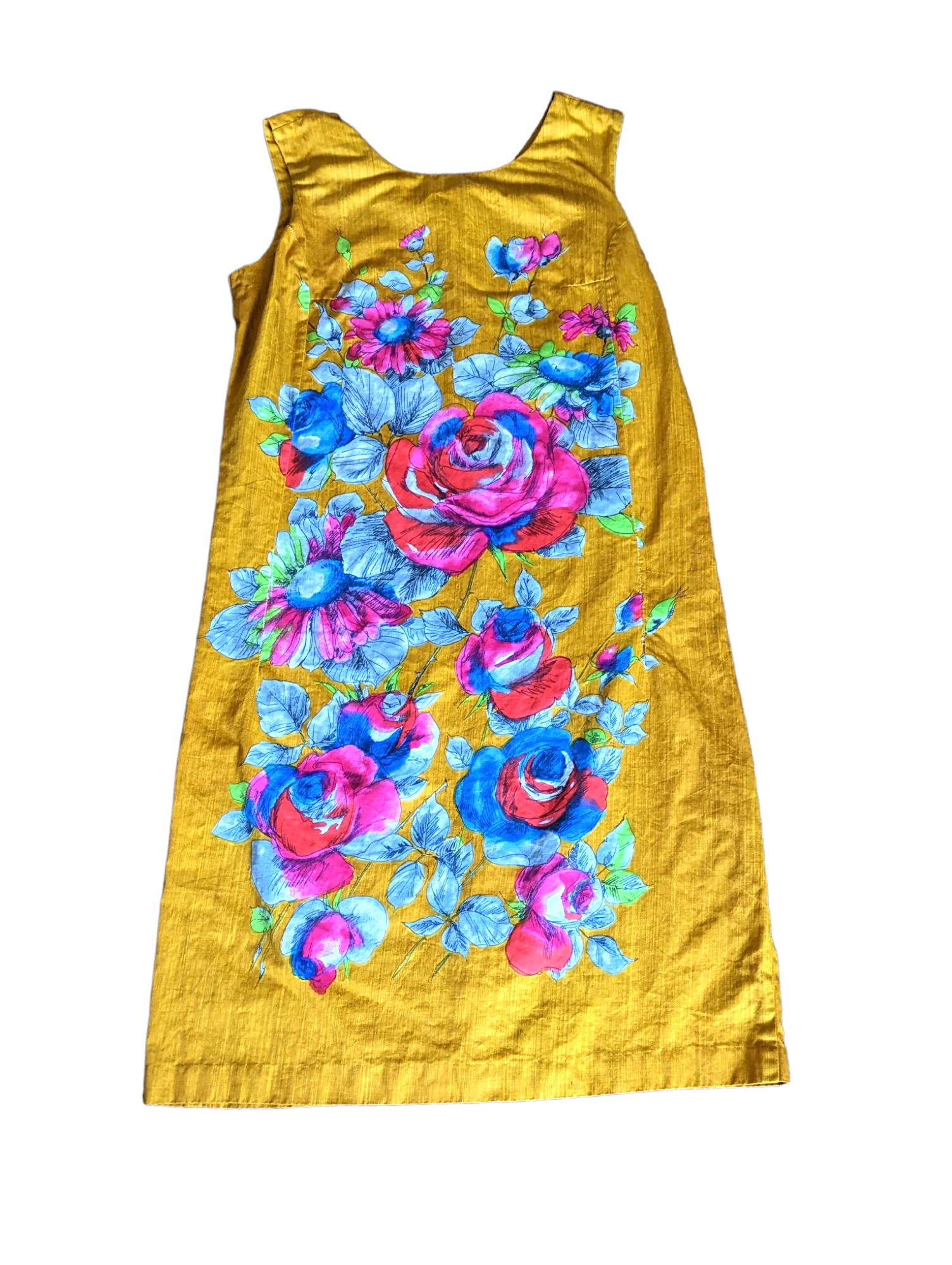 60s Mustard Yellow Psychedelic Floral Sleeveless Dress - Image 5