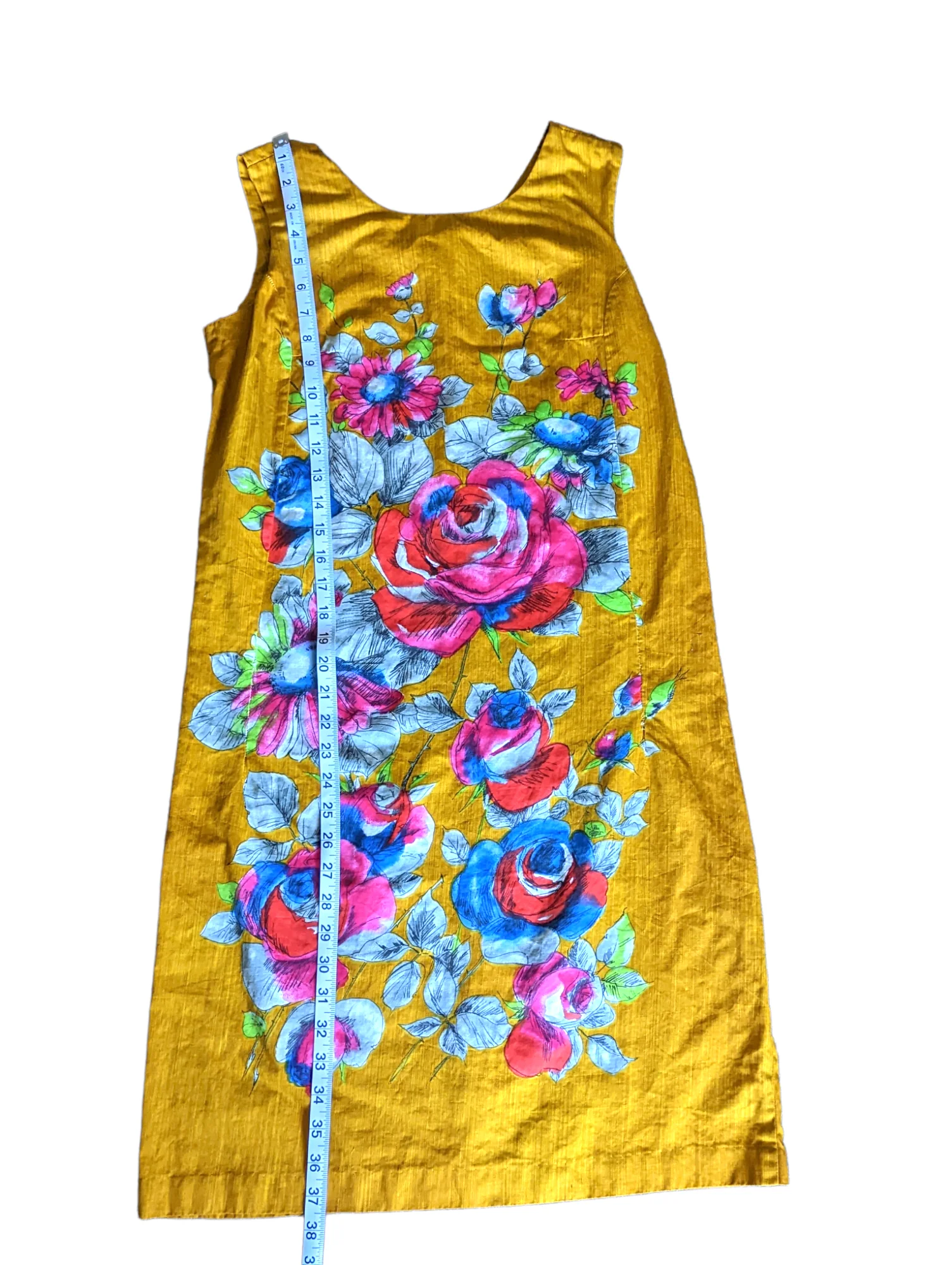 60s Mustard Yellow Psychedelic Floral Sleeveless Dress - Image 8