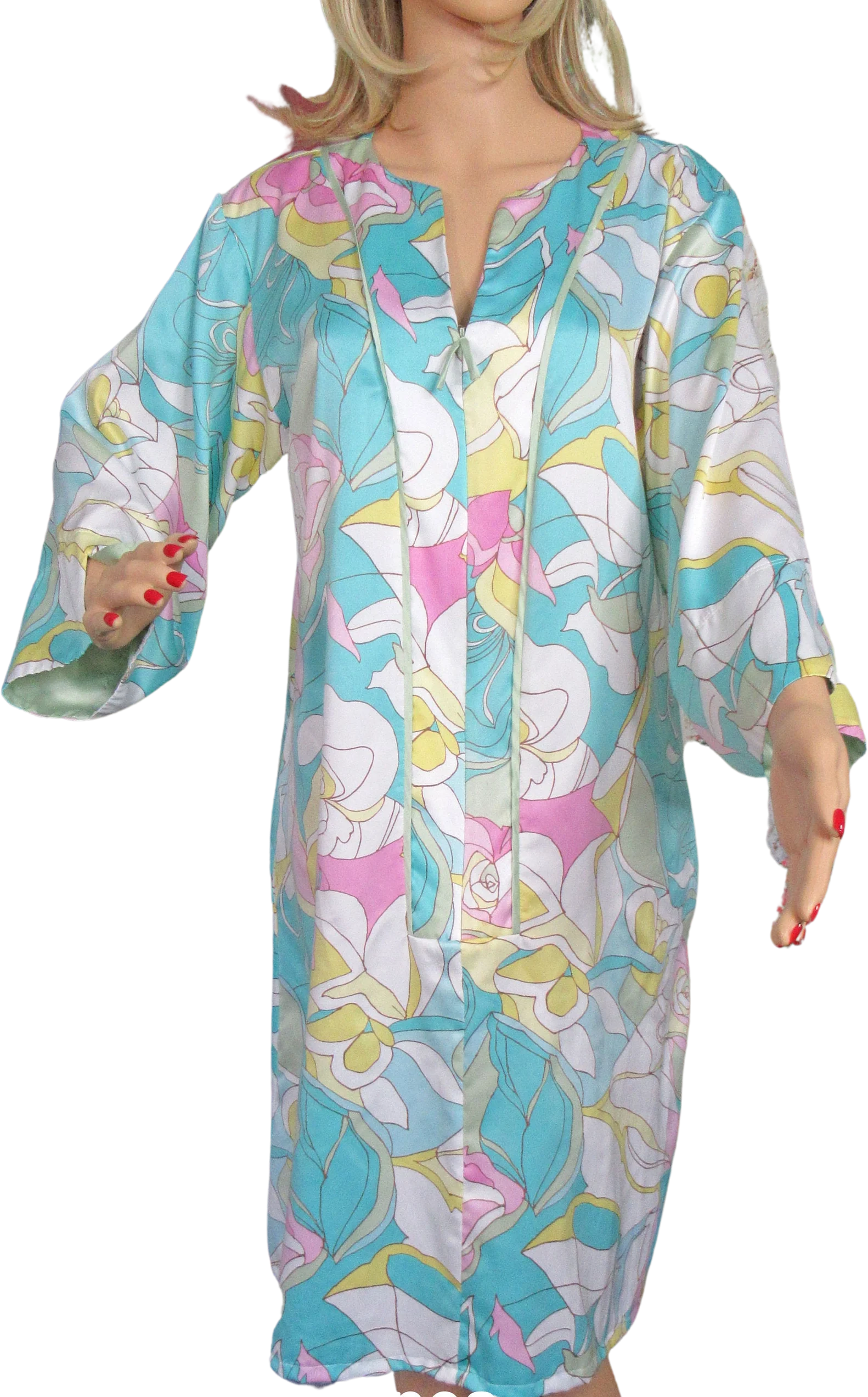 Natori Cruz Robe Pastel Floral Zip Front A-Line Polyester Knee Length Made Philippines White Pink Teal Yellow by Natori - Image 2