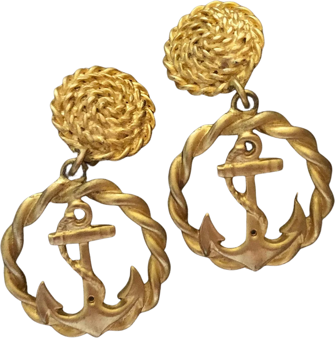 Nautical Anchor Statement Earrings Vintage Matte Gold Swinging Clips
