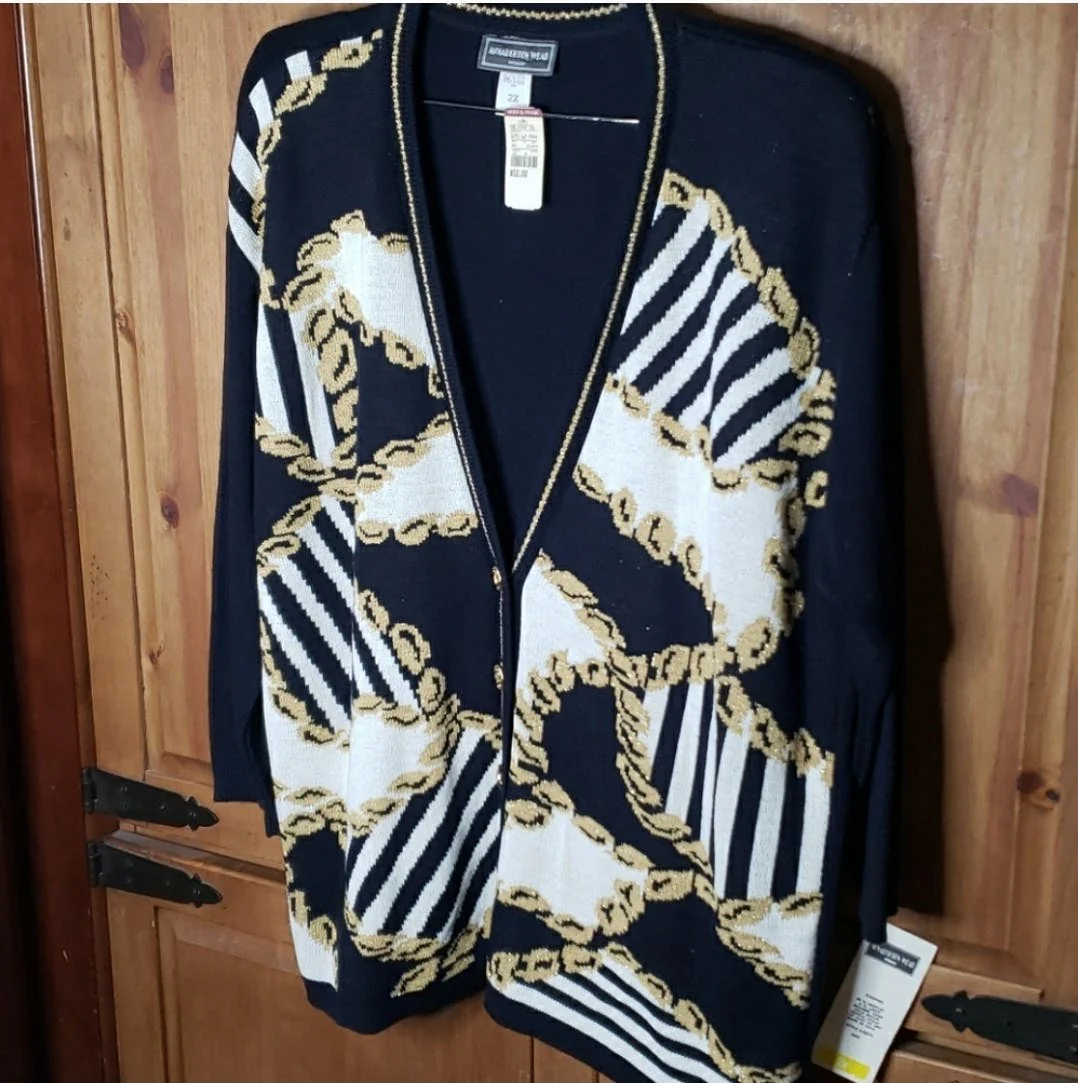 Nautical Navy White and Gold Cardigan Sweater by McNaughton Wear - Image 16