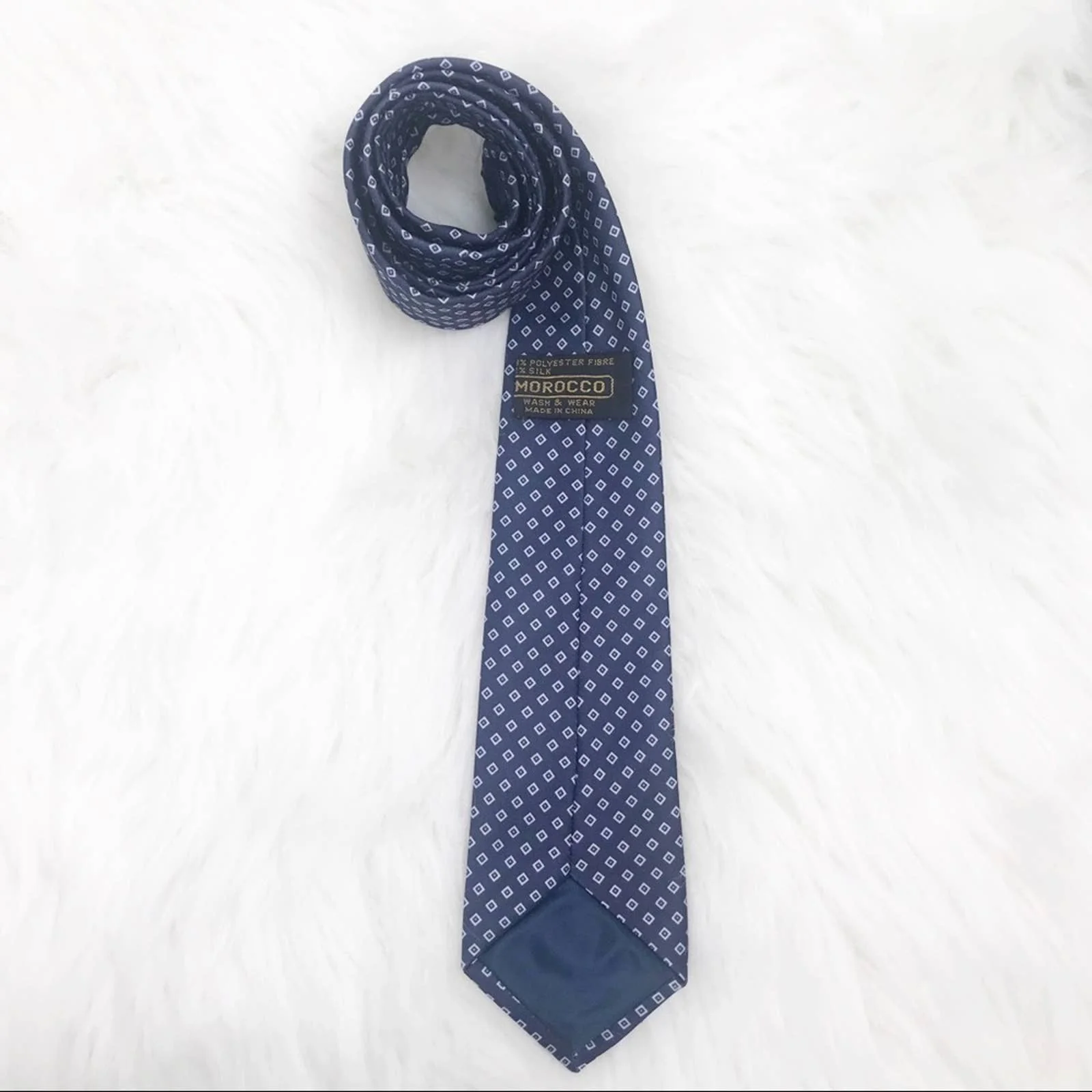 Navy Blue Diamond Pattern Printed Silk Tie by Morocco - Image 3
