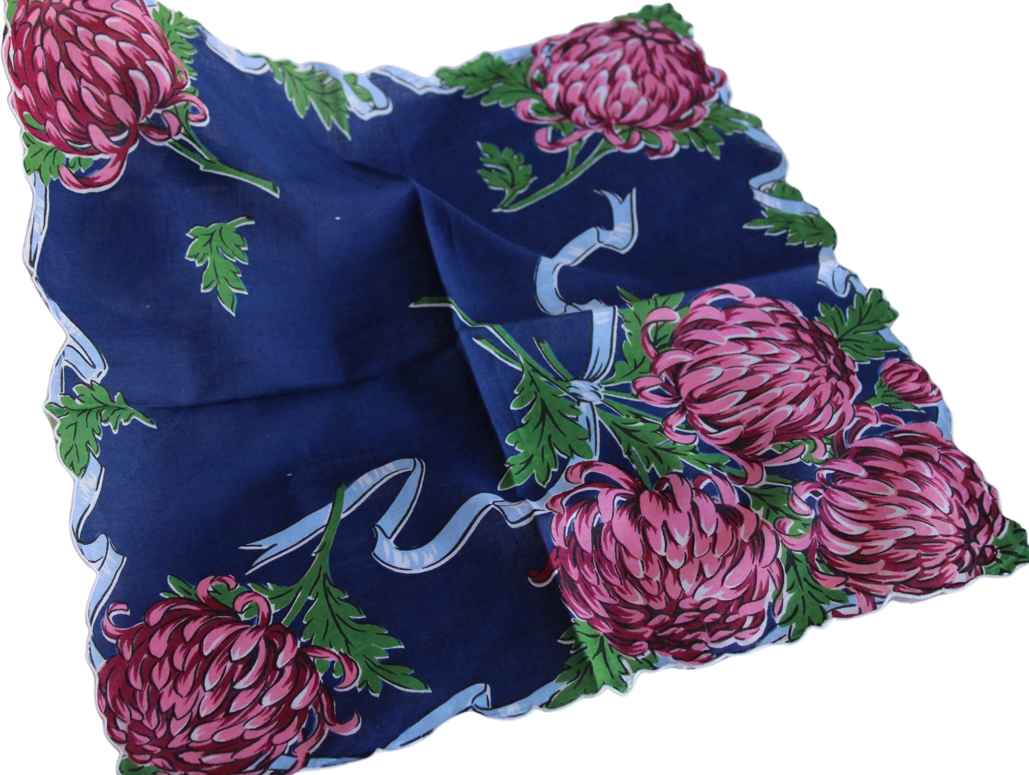 Navy Blue Hankie With Pink Flowers