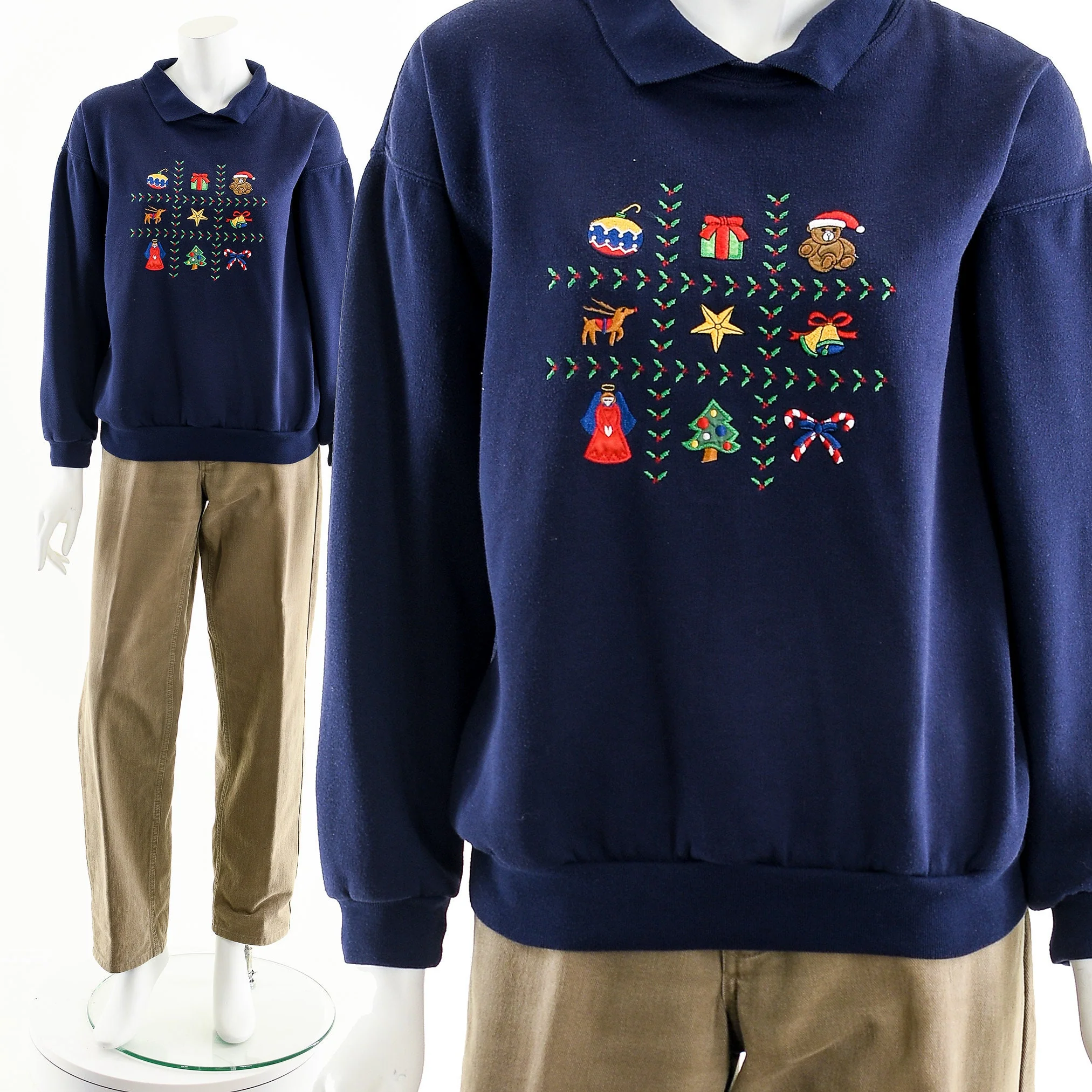 Navy Embroidered Christmas Crewneck Sweater by Active Exchange - Image 3