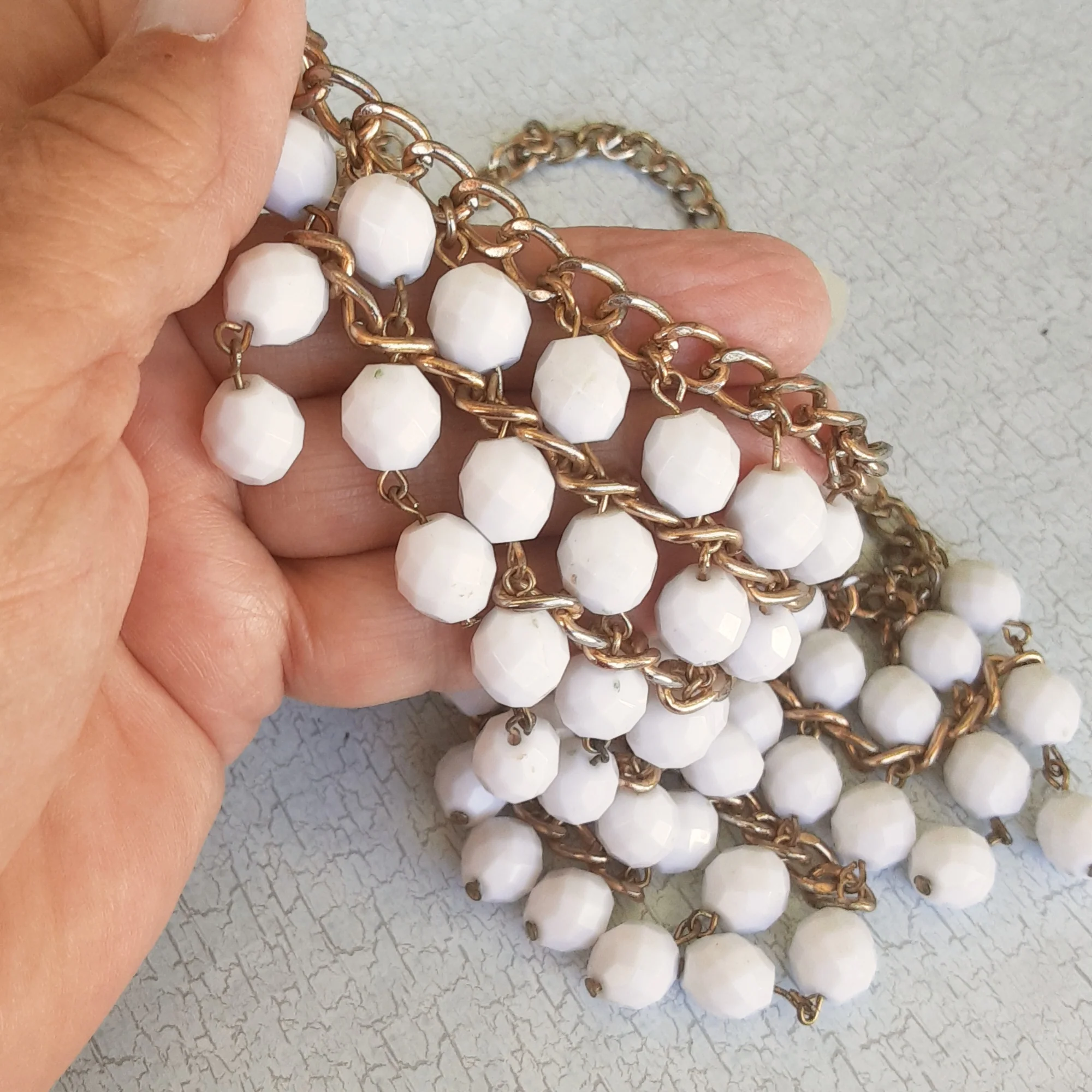 Necklace Bib Style White Beads Goldtone Chain - Image 4