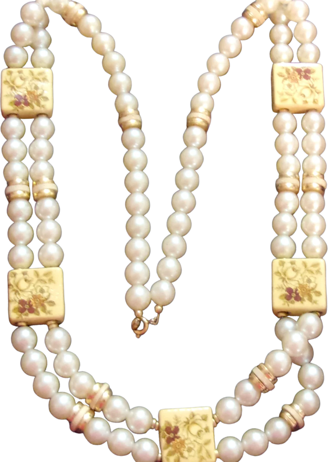 Necklace Flowered Tiles 2 Strand Faux Pearls Japan By Japan