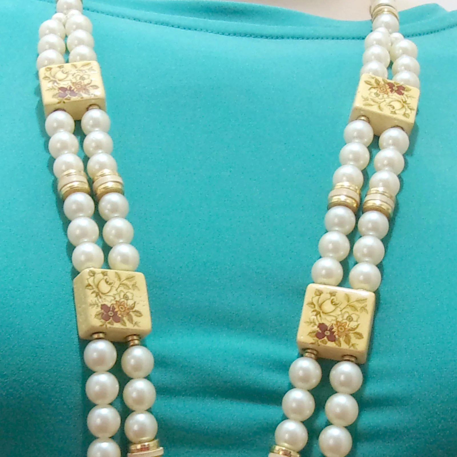 Necklace Flowered Tiles 2 Strand Faux Pearls Japan By Japan - Image 3