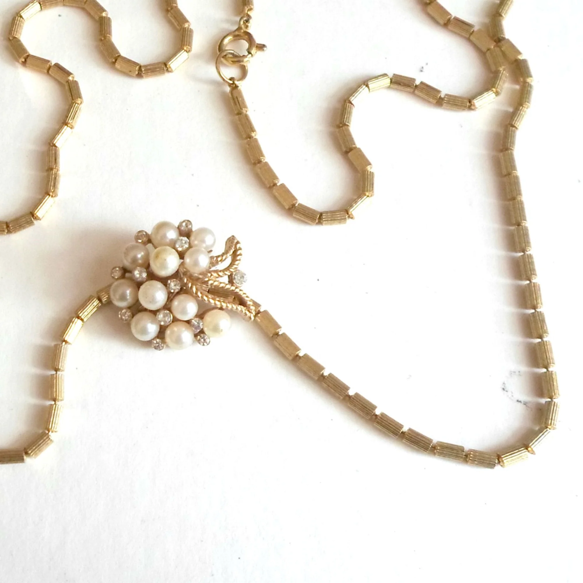 Necklace Tiny Goldtone Tubes Seed Pearl Focal - Image 3
