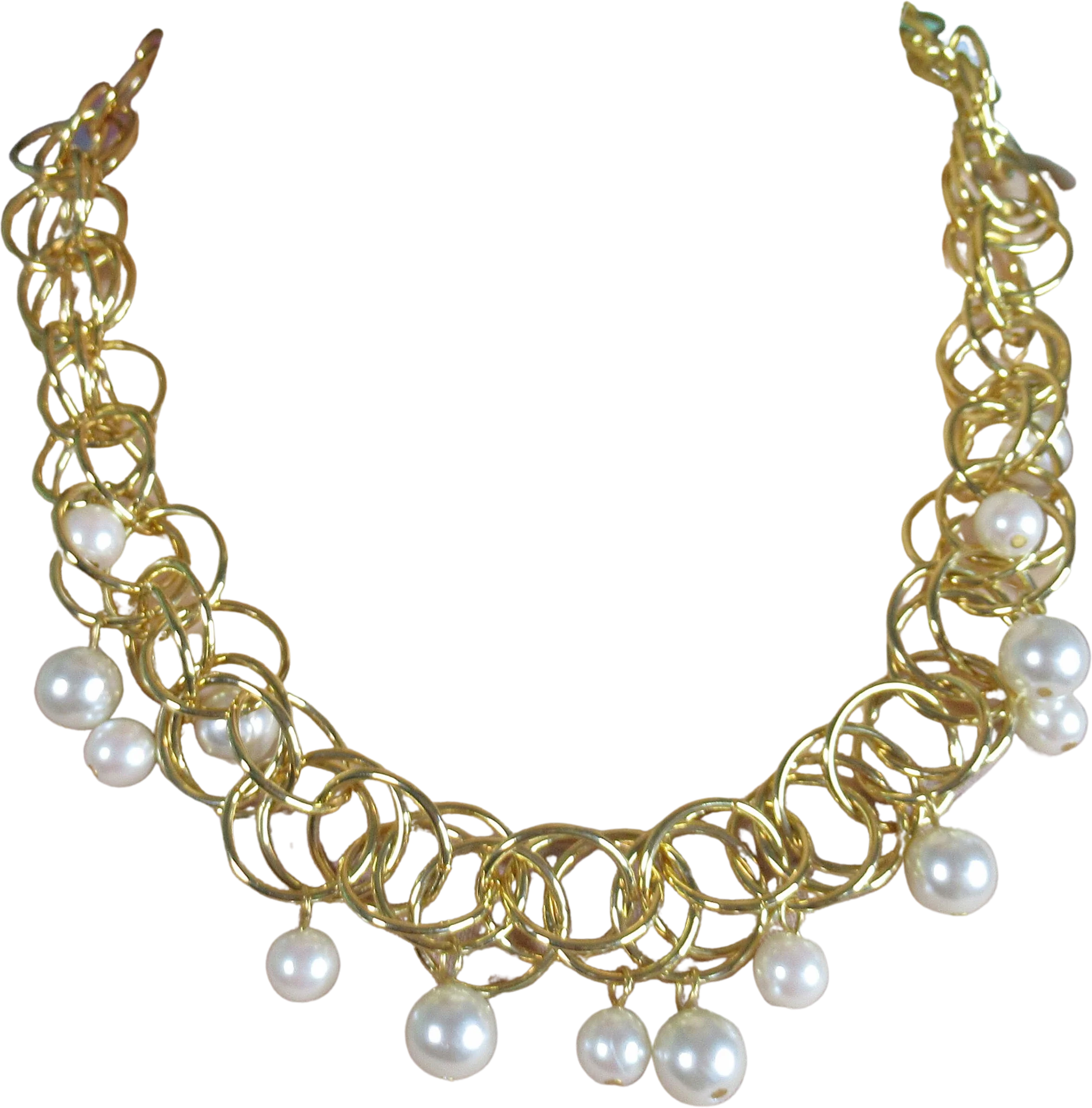 Necklace with Dangling Faux White Pearls and Round Gold Tone Metal Choker Unsigned Lobster Claw Clasp Extender Lightweight