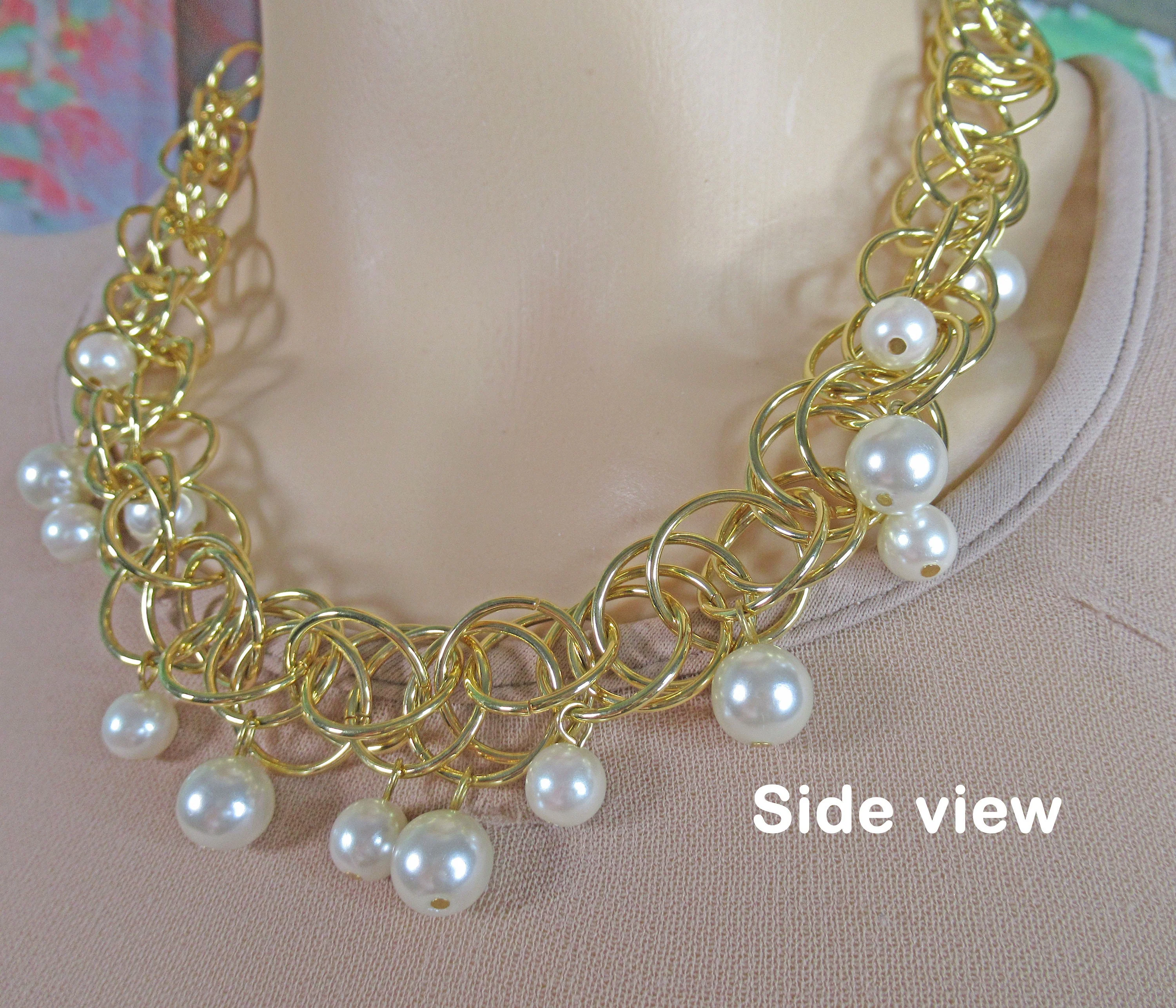 Necklace with Dangling Faux White Pearls and Round Gold Tone Metal Choker Unsigned Lobster Claw Clasp Extender Lightweight - Image 10
