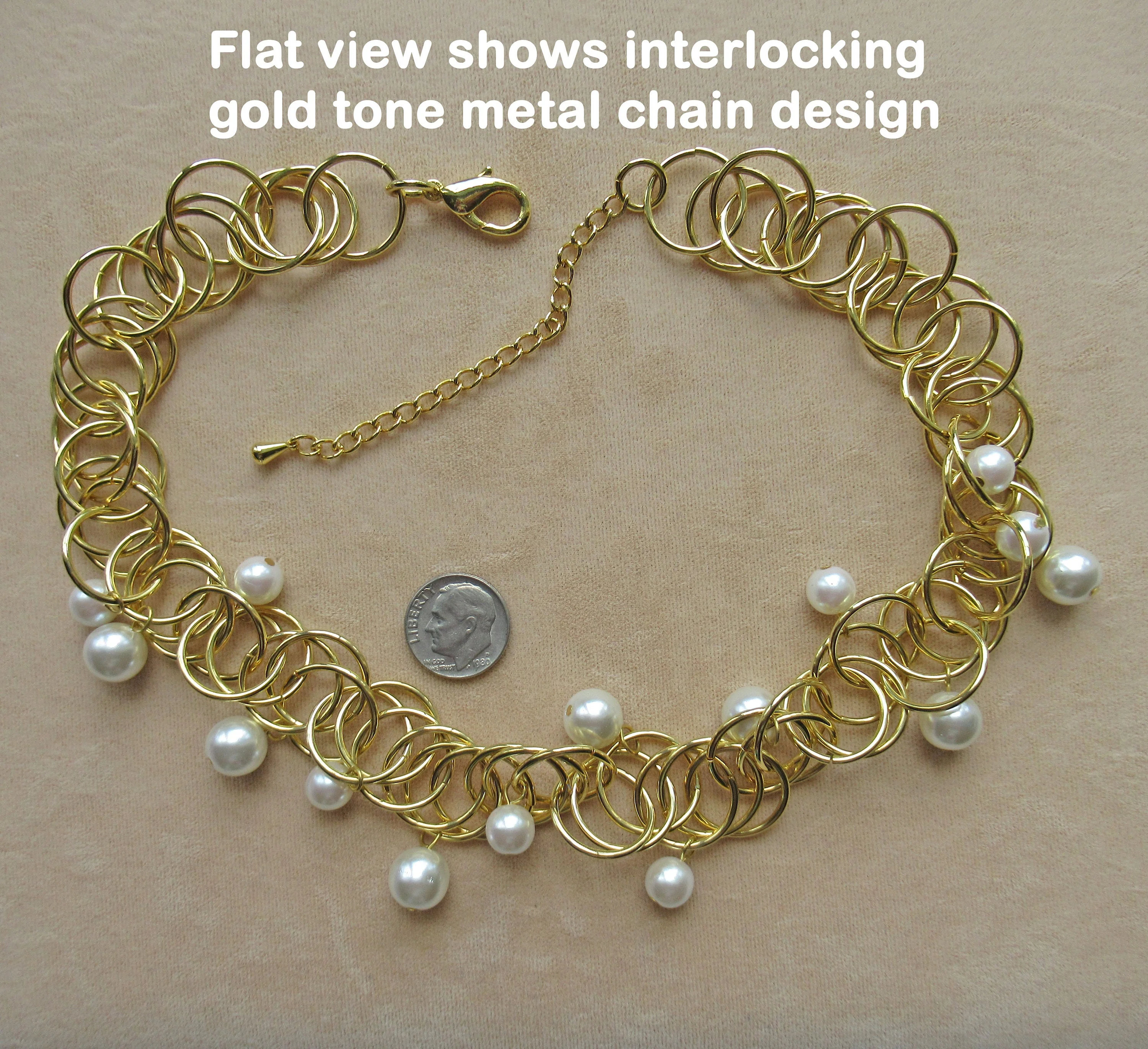 Necklace with Dangling Faux White Pearls and Round Gold Tone Metal Choker Unsigned Lobster Claw Clasp Extender Lightweight - Image 5