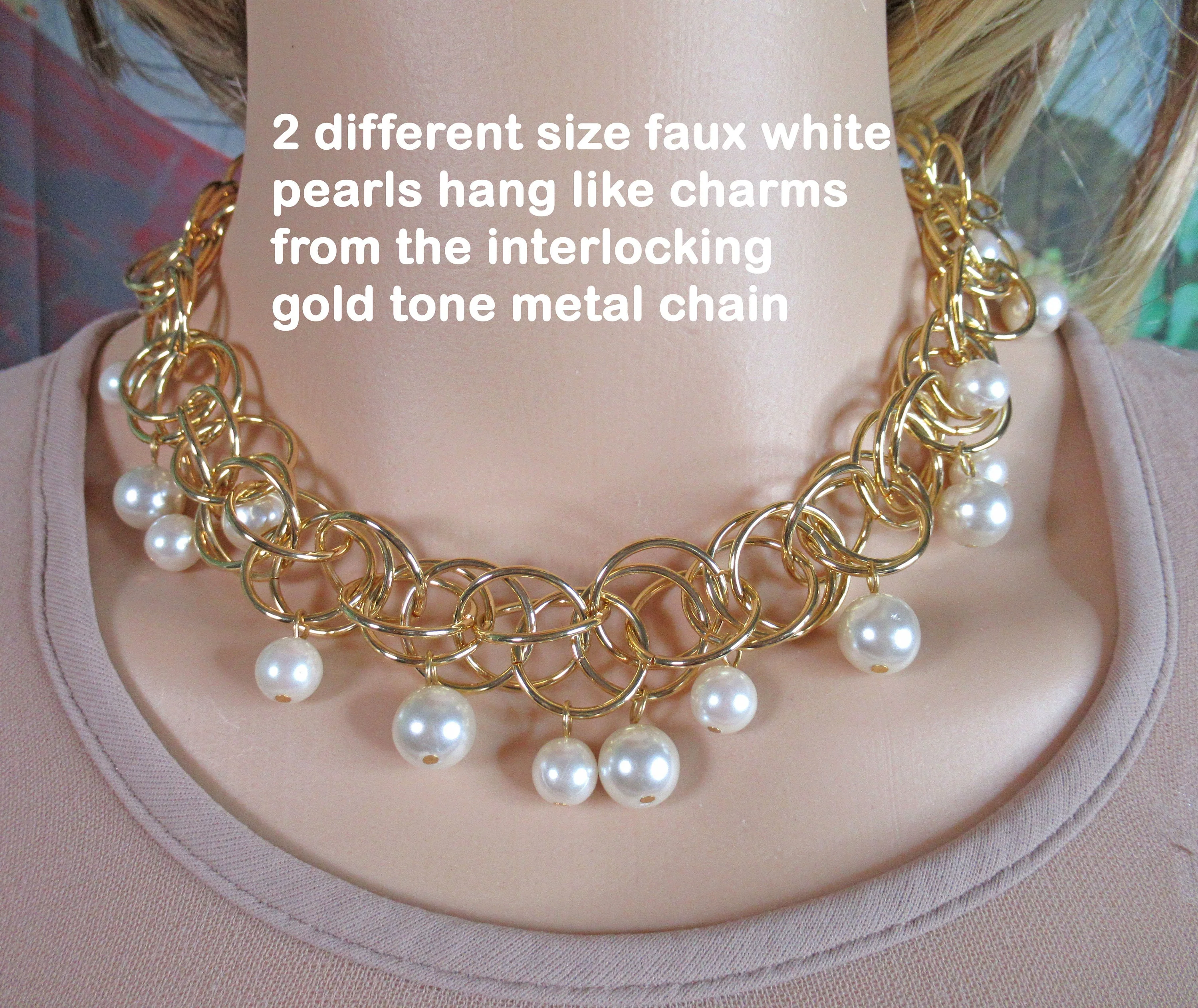 Necklace with Dangling Faux White Pearls and Round Gold Tone Metal Choker Unsigned Lobster Claw Clasp Extender Lightweight - Image 6