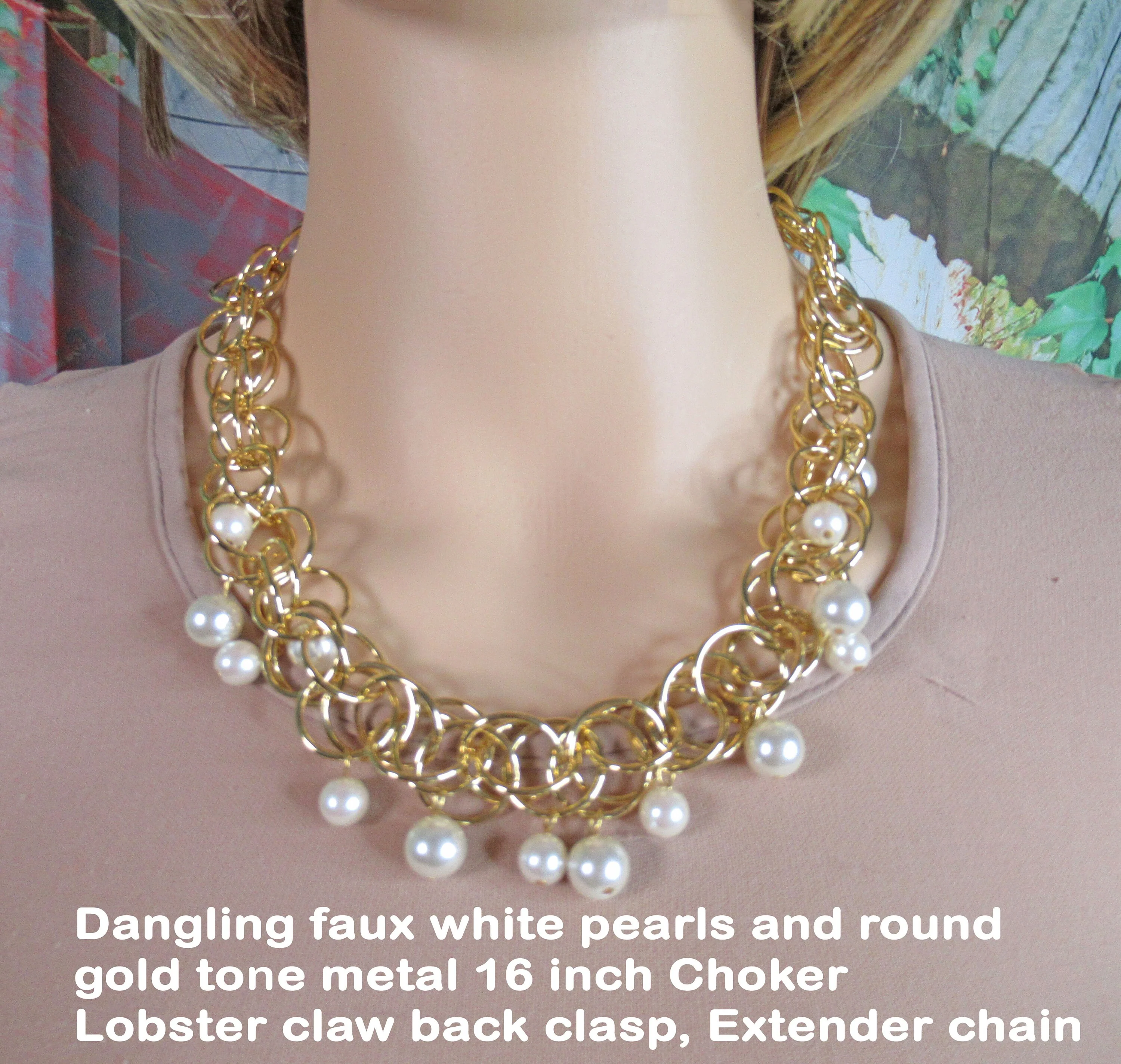 Necklace with Dangling Faux White Pearls and Round Gold Tone Metal Choker Unsigned Lobster Claw Clasp Extender Lightweight - Image 8