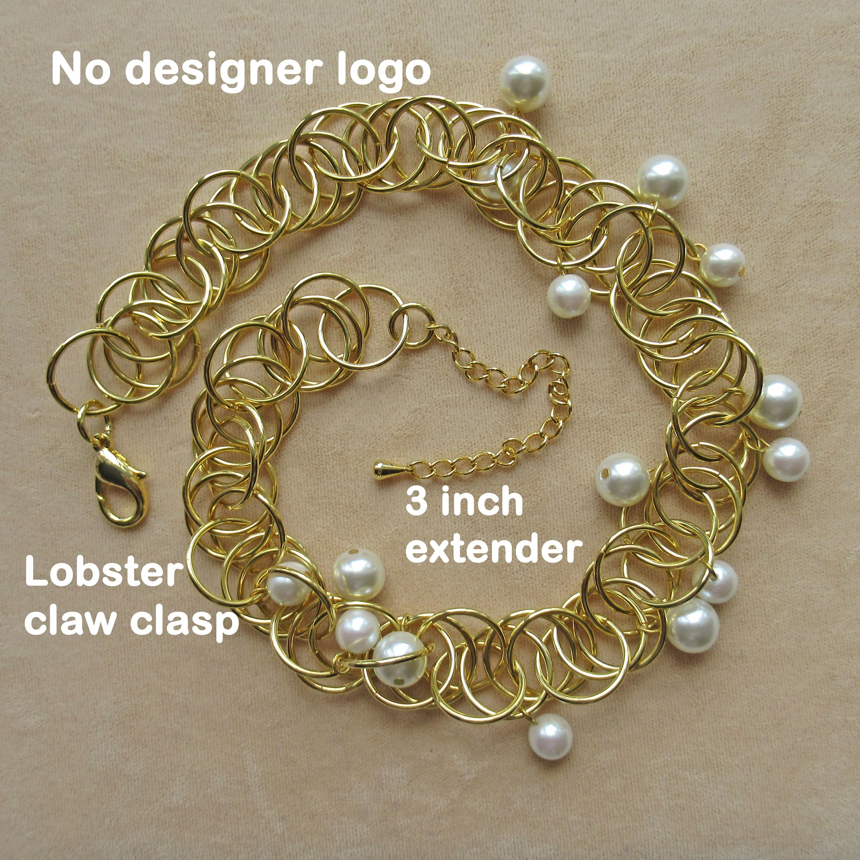Necklace with Dangling Faux White Pearls and Round Gold Tone Metal Choker Unsigned Lobster Claw Clasp Extender Lightweight - Image 9