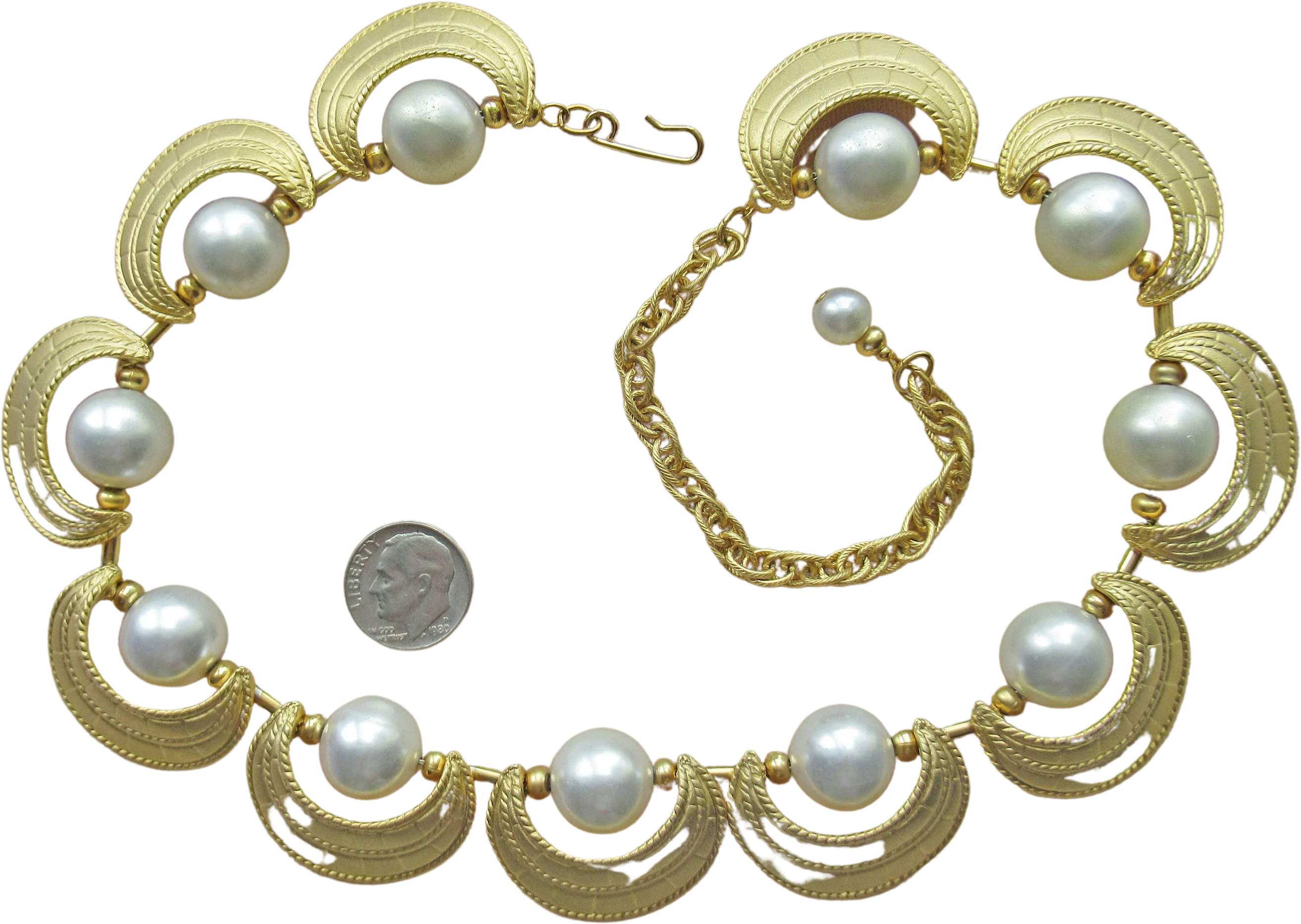 Necklace with Gold Tone Metal Half Moons and Faux White Pearl Choker Necklace Chain Extender Hook Closure Vintage
