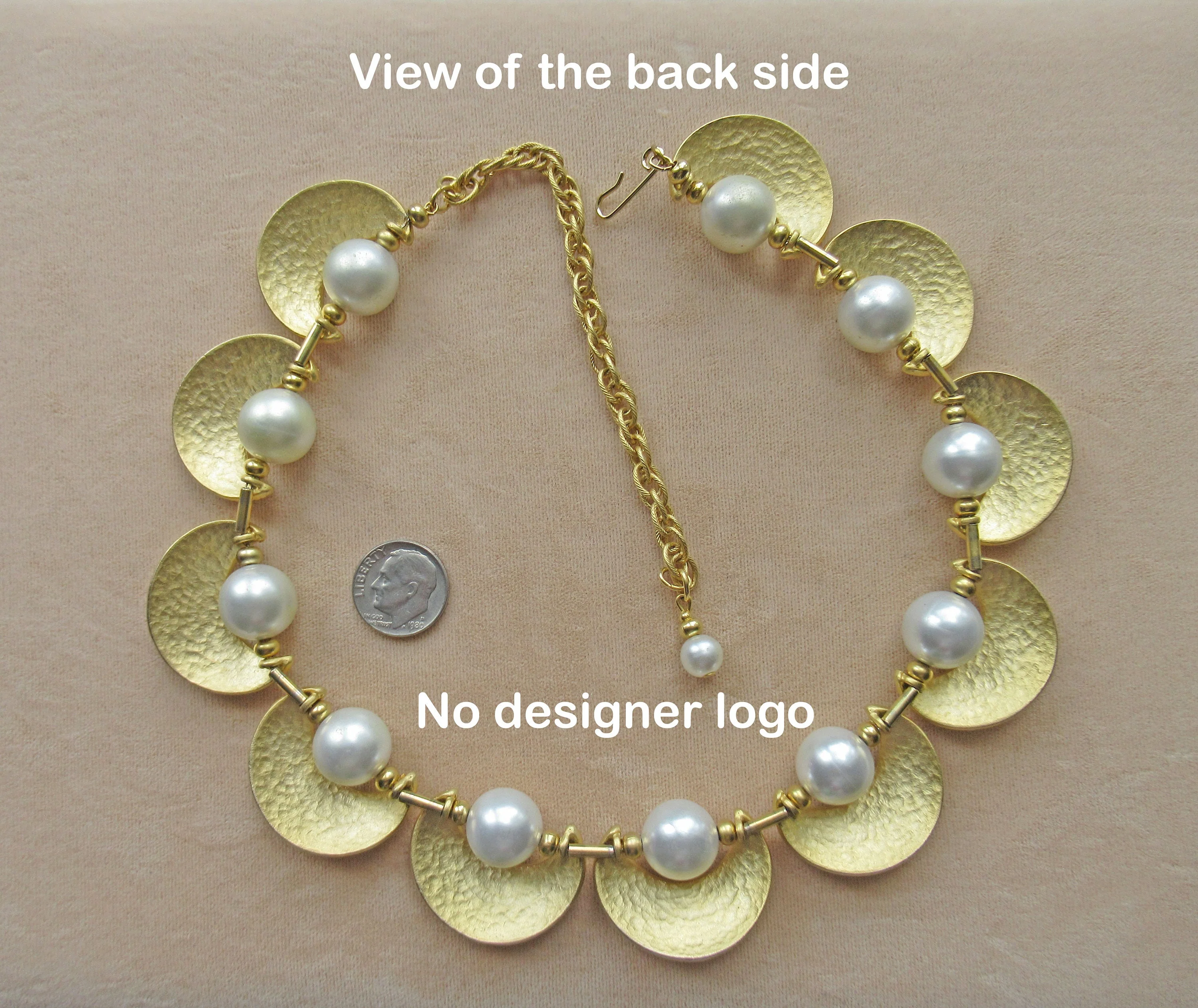Necklace with Gold Tone Metal Half Moons and Faux White Pearl Choker Necklace Chain Extender Hook Closure Vintage - Image 10