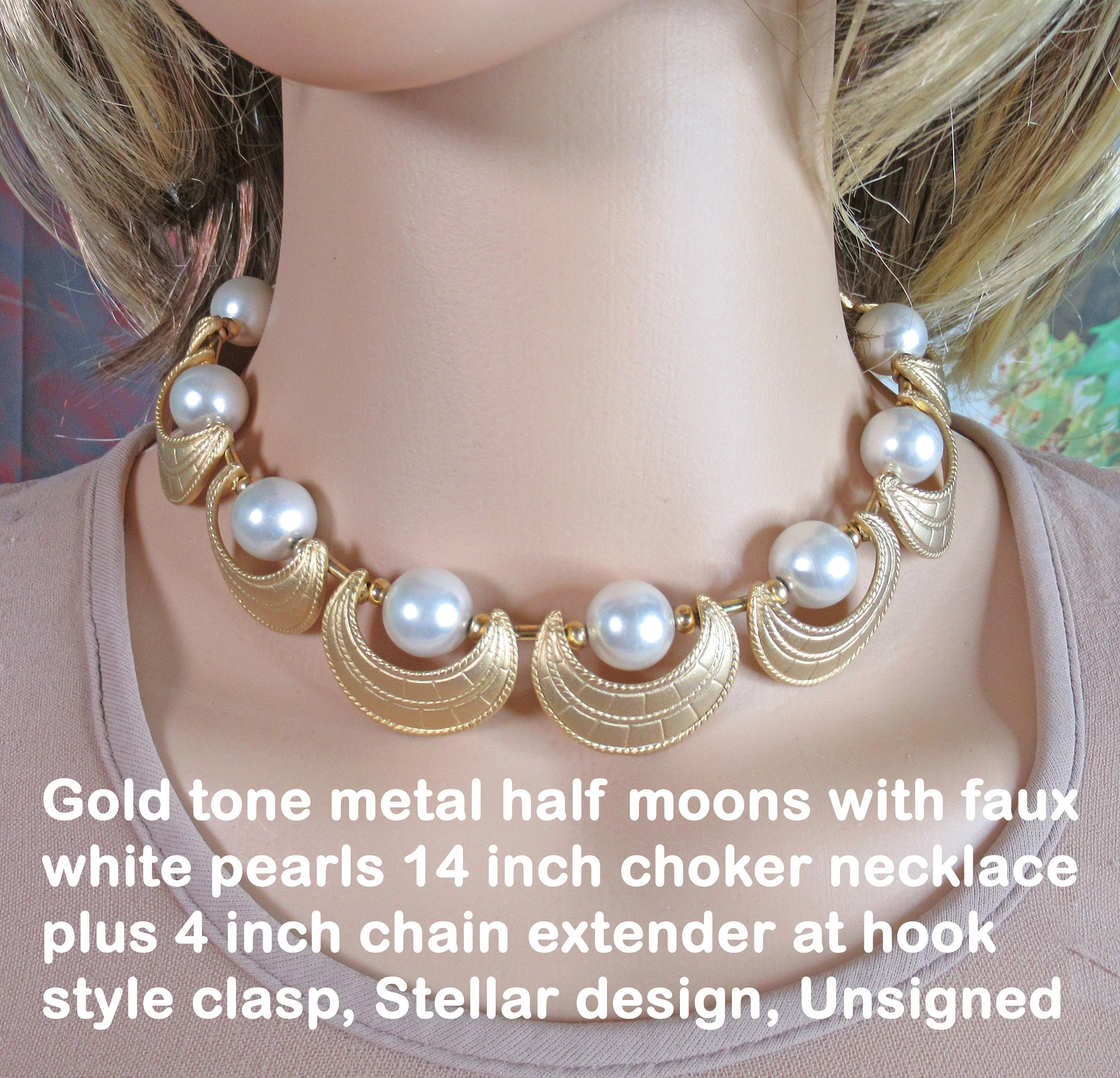 Necklace with Gold Tone Metal Half Moons and Faux White Pearl Choker Necklace Chain Extender Hook Closure Vintage - Image 2