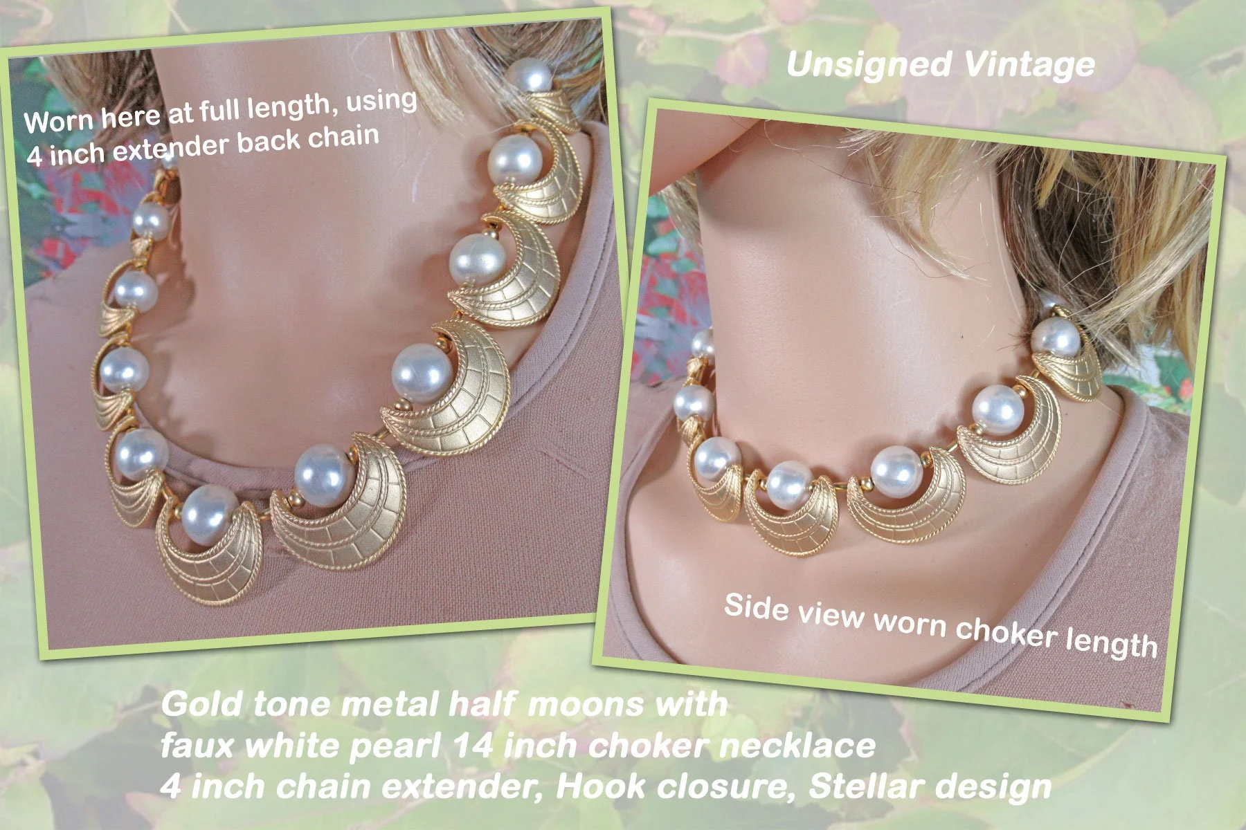 Necklace with Gold Tone Metal Half Moons and Faux White Pearl Choker Necklace Chain Extender Hook Closure Vintage - Image 3