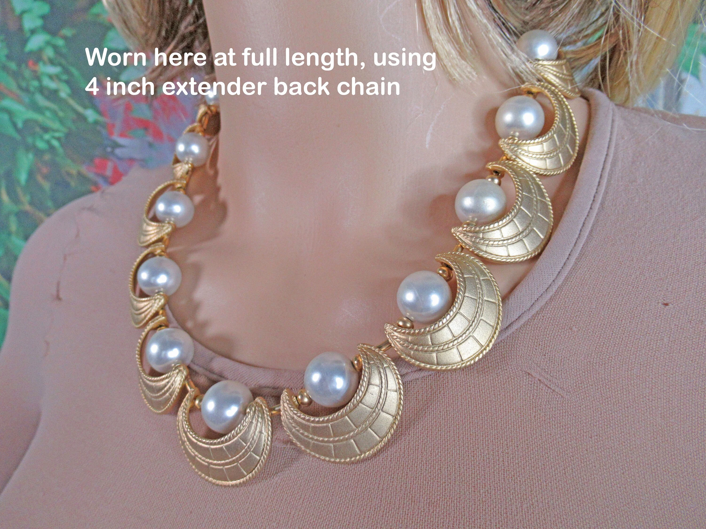 Necklace with Gold Tone Metal Half Moons and Faux White Pearl Choker Necklace Chain Extender Hook Closure Vintage - Image 4