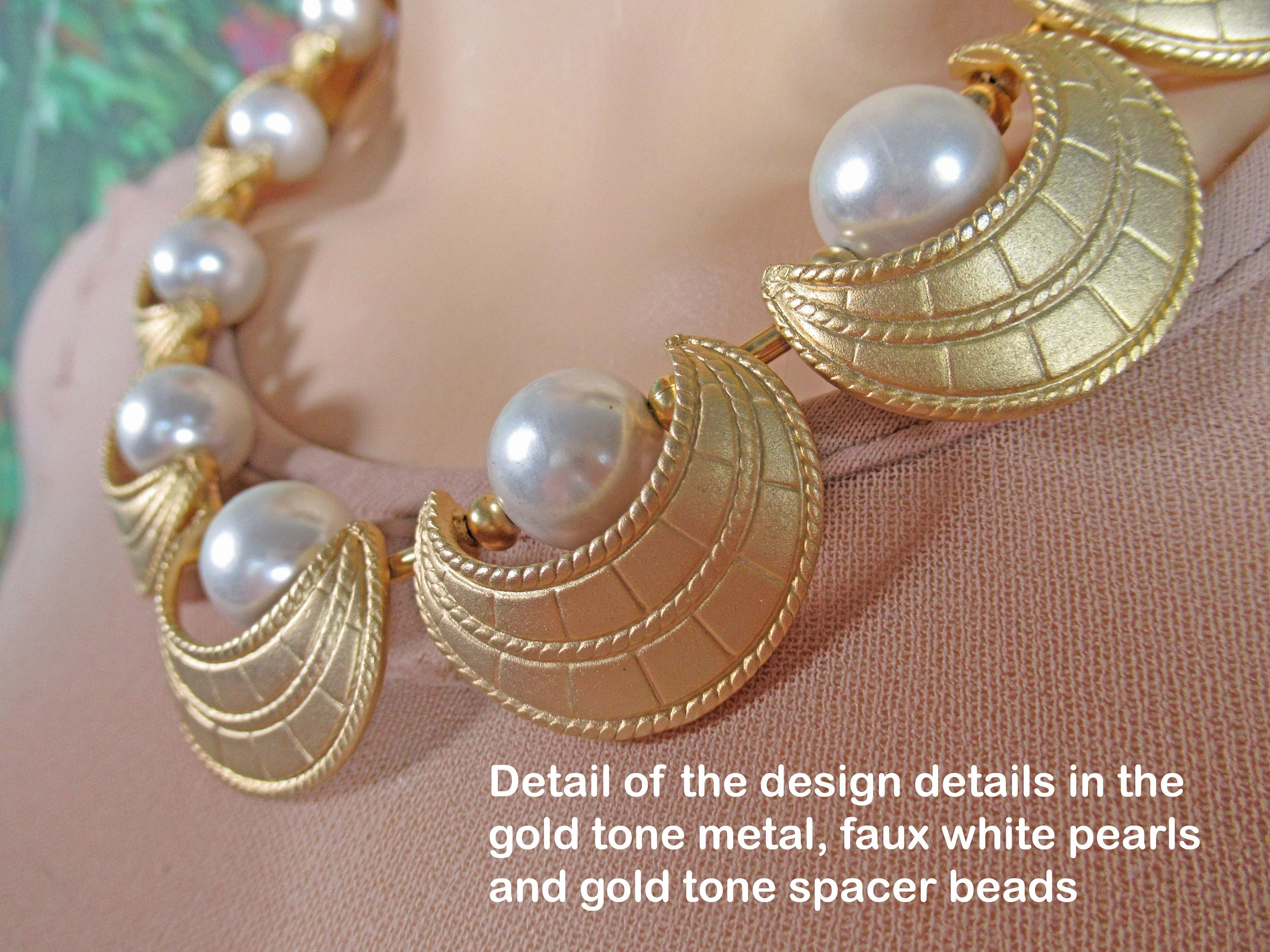 Necklace with Gold Tone Metal Half Moons and Faux White Pearl Choker Necklace Chain Extender Hook Closure Vintage - Image 7
