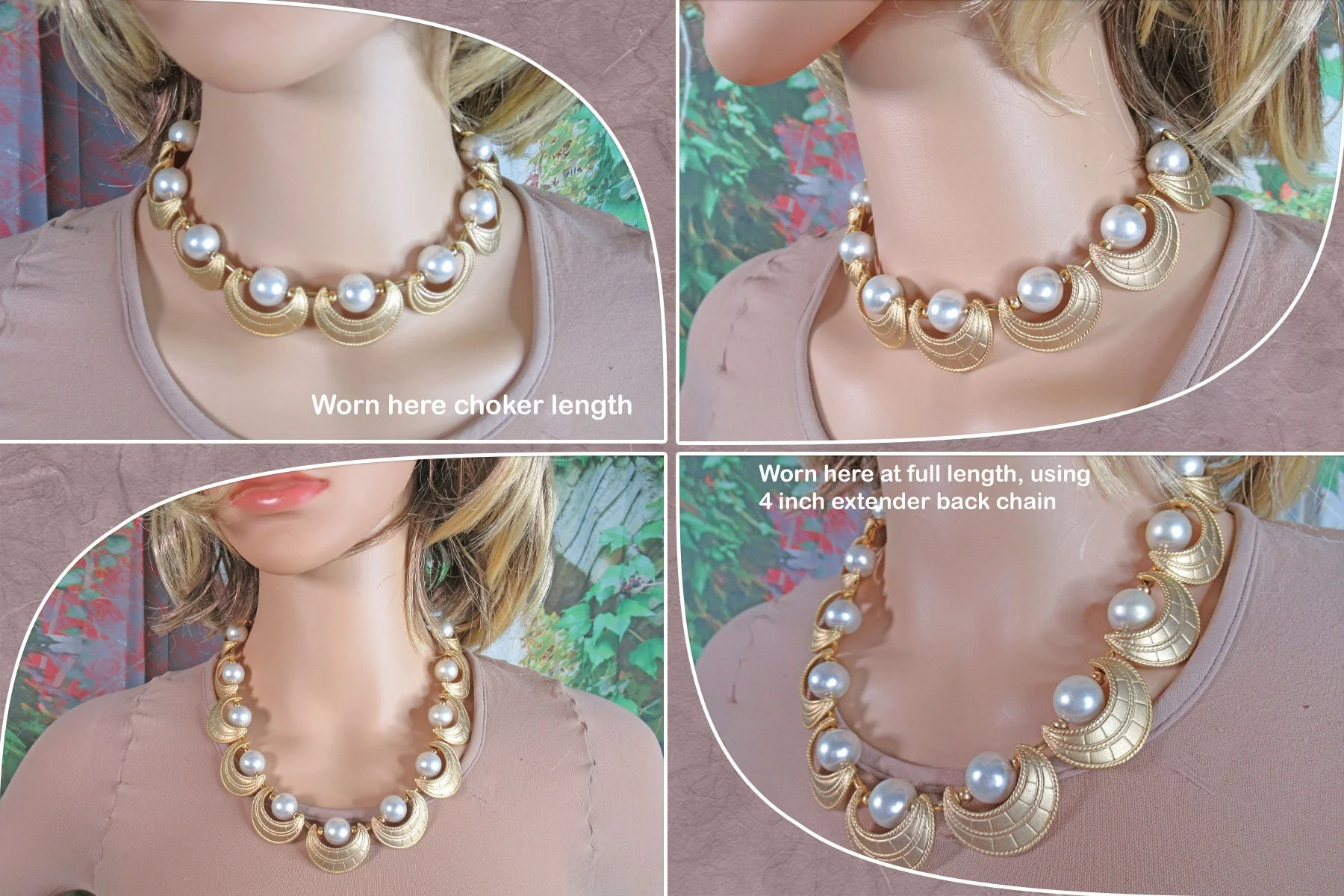 Necklace with Gold Tone Metal Half Moons and Faux White Pearl Choker Necklace Chain Extender Hook Closure Vintage - Image 8