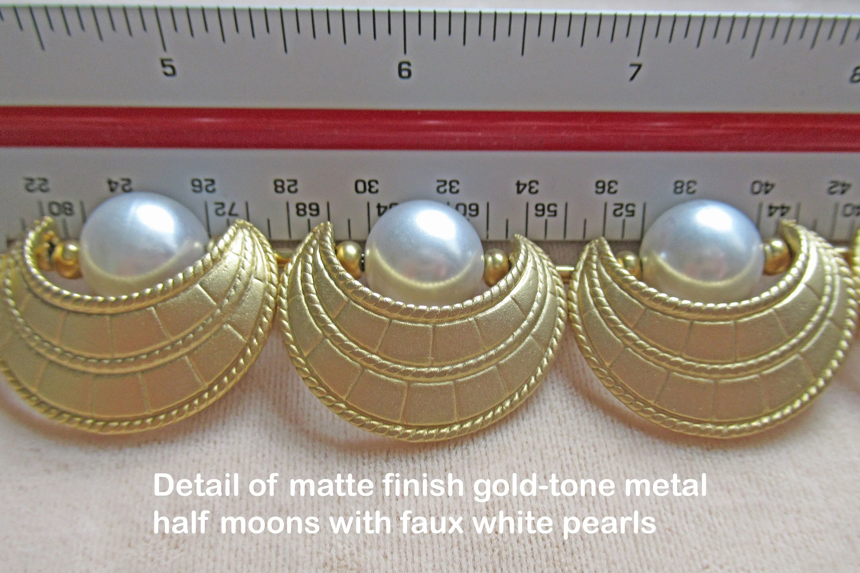 Necklace with Gold Tone Metal Half Moons and Faux White Pearl Choker Necklace Chain Extender Hook Closure Vintage - Image 9