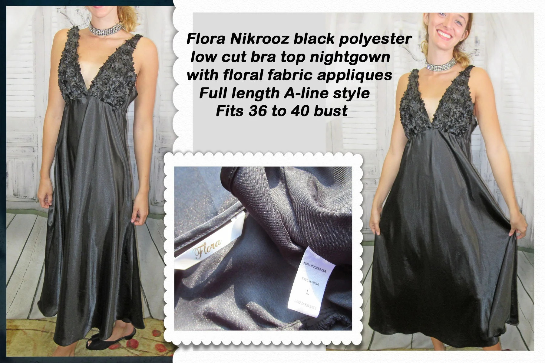 Nightgown Flora Nikrooz Black Low Cut Bra Top with Floral Fabric Appliques Long A-Line W Spaghetti Strap Polyester by Flora Nikrooz - Image 2