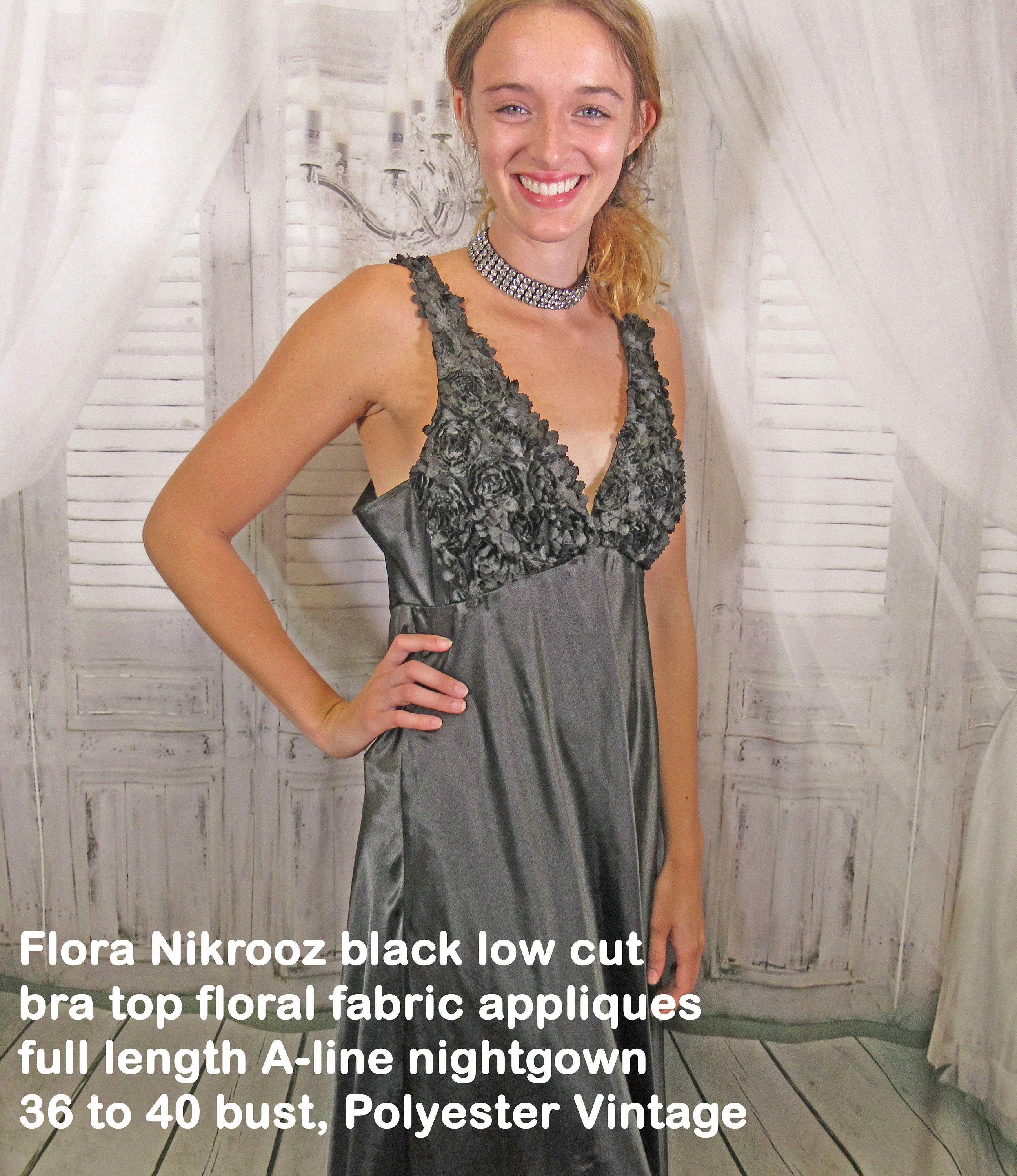 Nightgown Flora Nikrooz Black Low Cut Bra Top with Floral Fabric Appliques Long A-Line W Spaghetti Strap Polyester by Flora Nikrooz - Image 3