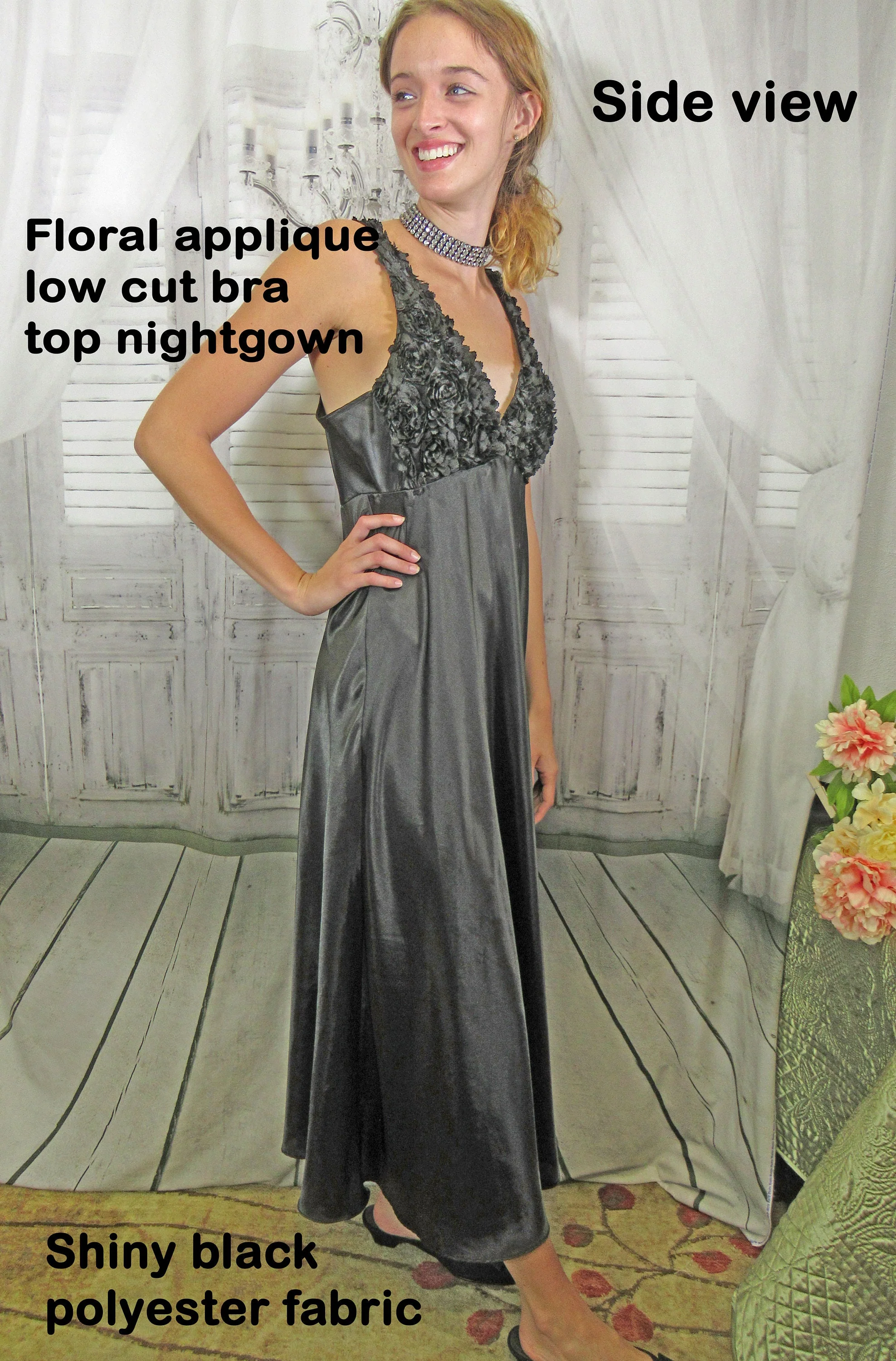 Nightgown Flora Nikrooz Black Low Cut Bra Top with Floral Fabric Appliques Long A-Line W Spaghetti Strap Polyester by Flora Nikrooz - Image 4