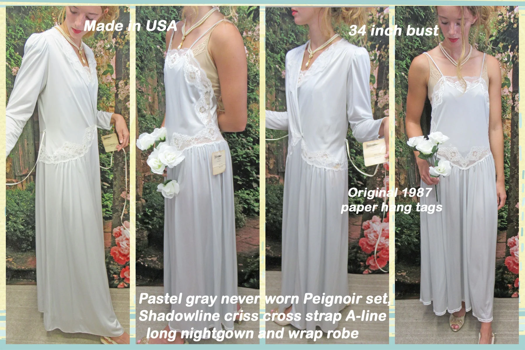 Nightgown Robe Set Shadowline Crisscross Strap A-Line Long Nightgown and Wrap Robe Pastel Gray 1987 Made Usa by Shadowline - Image 3