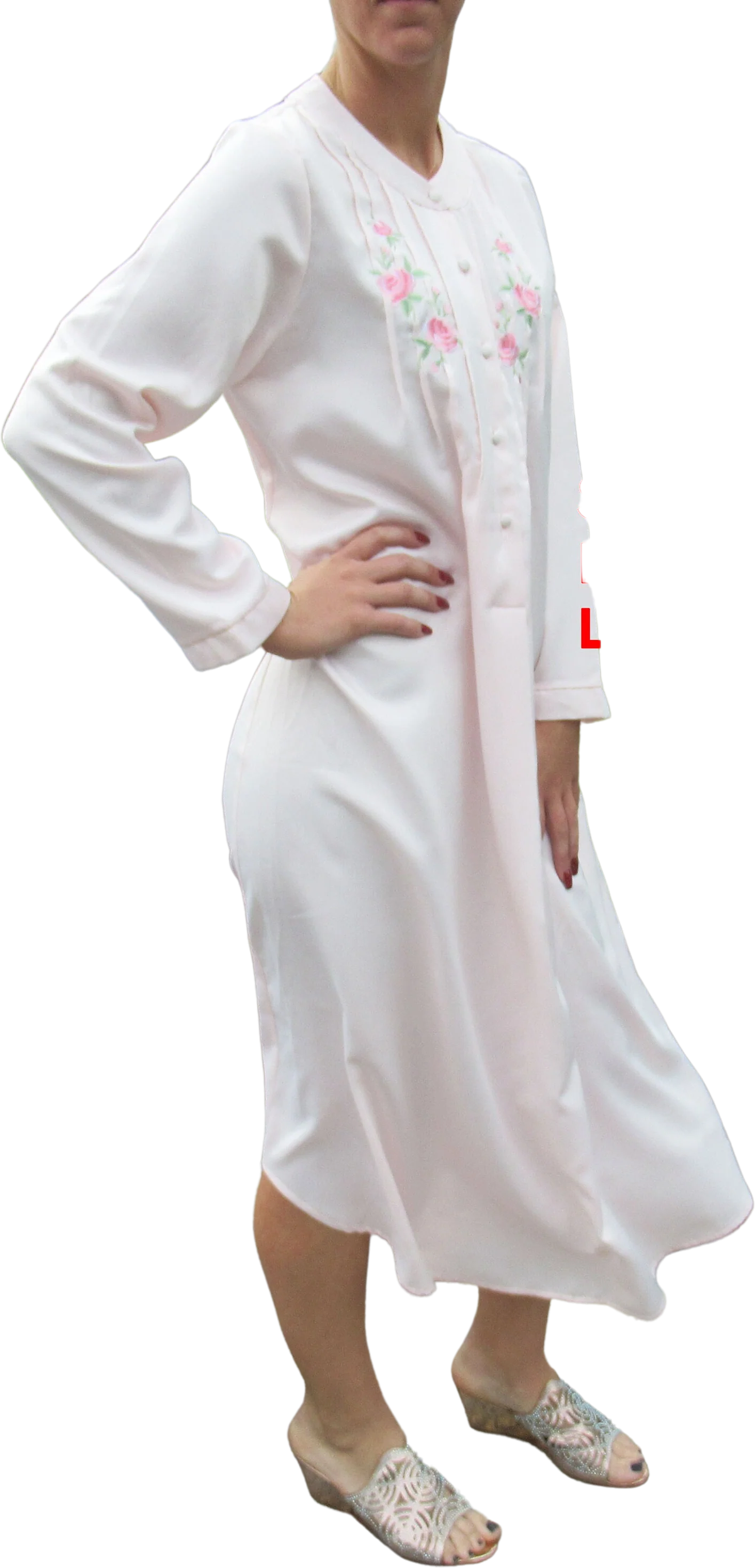 Nightgown W Pastel Pink Nylon Shadowline Floral Embroidery Yoke Long Sleeves Soft and Cozy Fabric Vintage by Shadowline