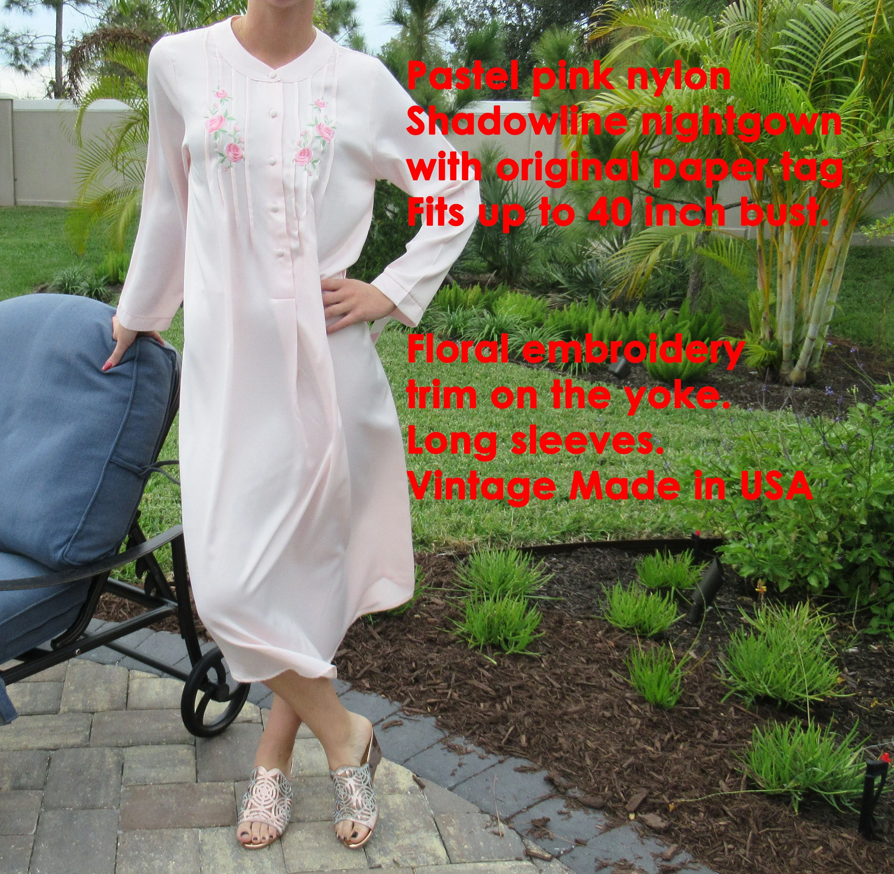Nightgown W Pastel Pink Nylon Shadowline Floral Embroidery Yoke Long Sleeves Soft and Cozy Fabric Vintage by Shadowline - Image 2