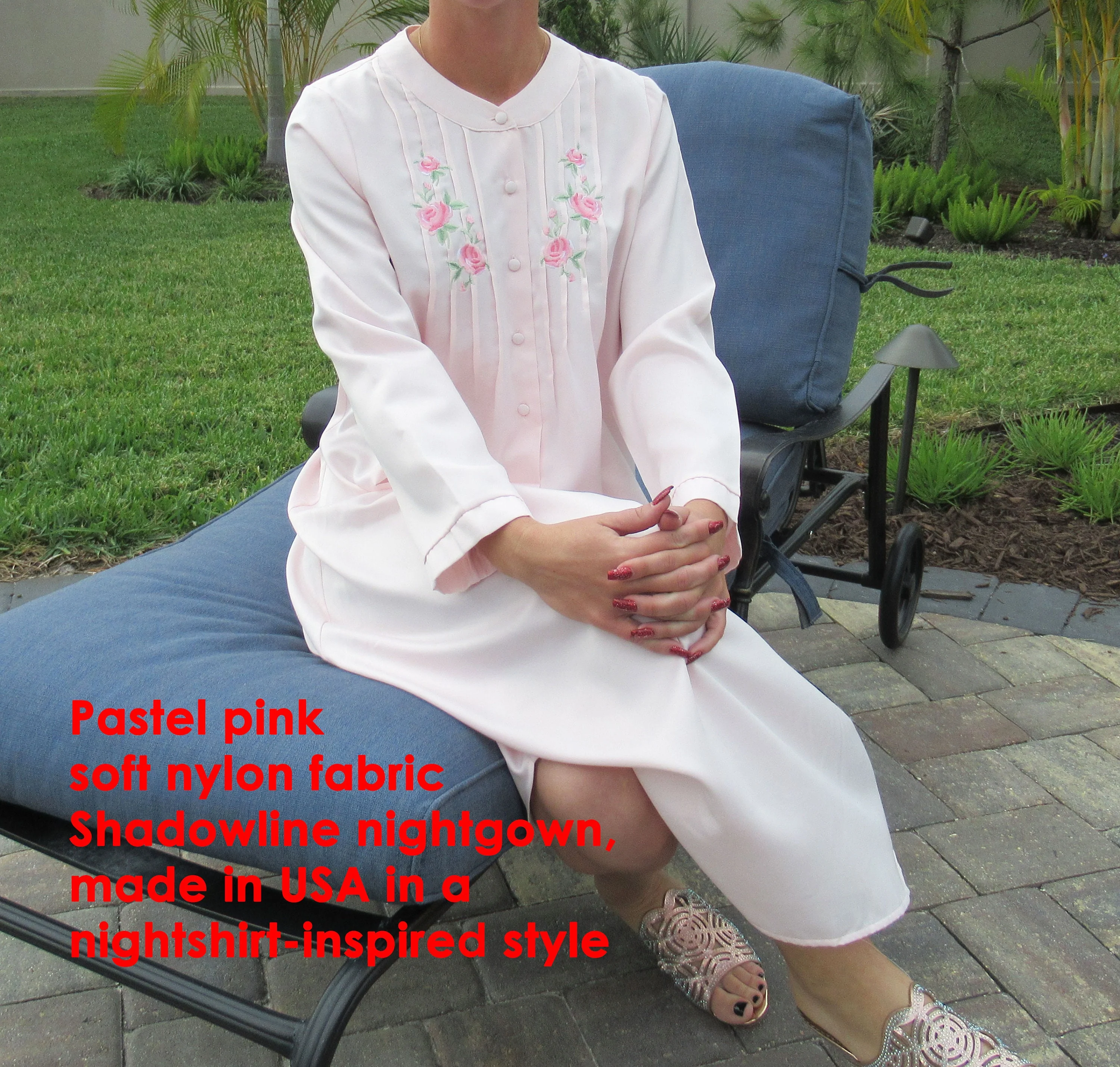 Nightgown W Pastel Pink Nylon Shadowline Floral Embroidery Yoke Long Sleeves Soft and Cozy Fabric Vintage by Shadowline - Image 6