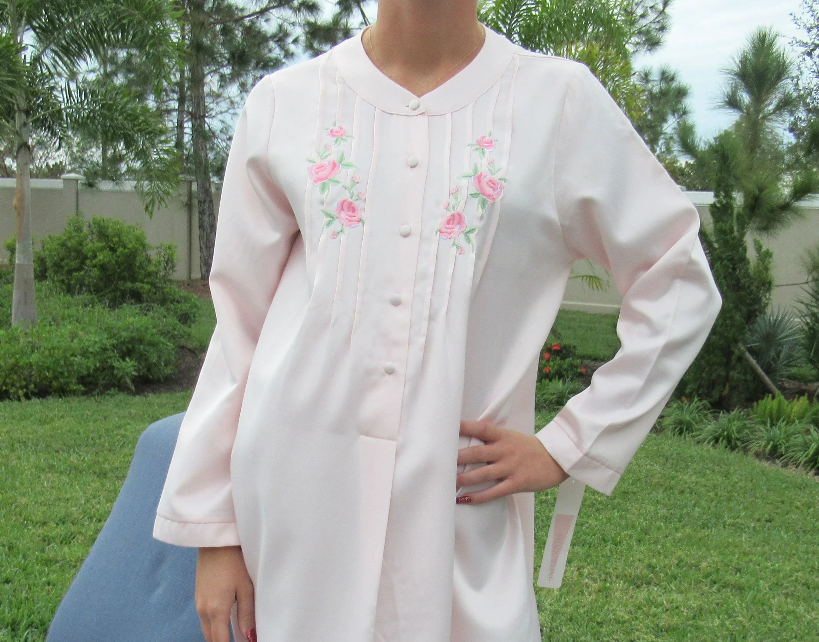Nightgown W Pastel Pink Nylon Shadowline Floral Embroidery Yoke Long Sleeves Soft and Cozy Fabric Vintage by Shadowline - Image 9