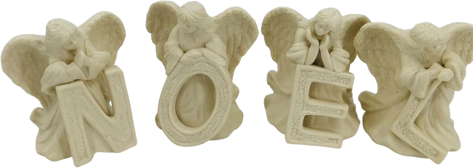 Noel Angel Letter 4 Pc Set - Christmas Decor - Ceramic Figurines 3. 5" Cream