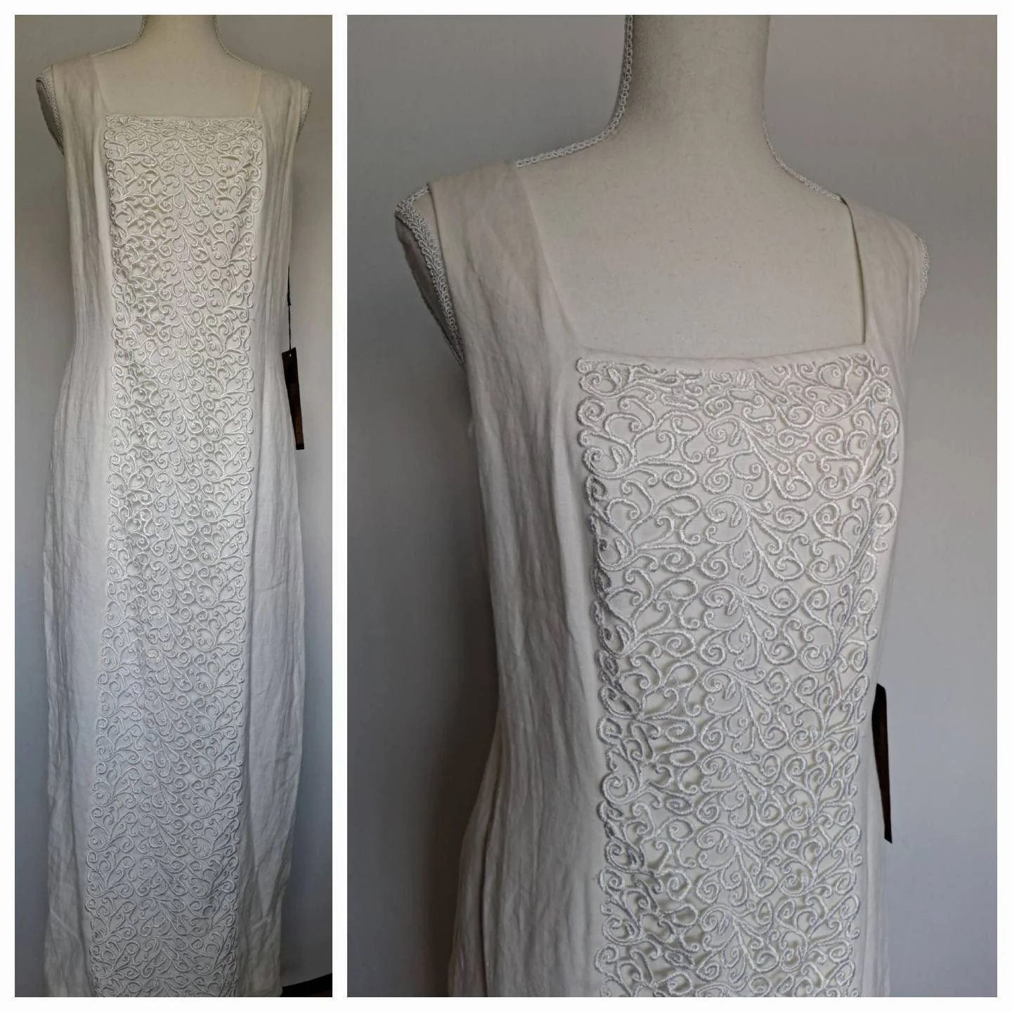 Nos Vintage 90s Carole Little Off White Linen Crochet Dress by Carole Little - Image 3
