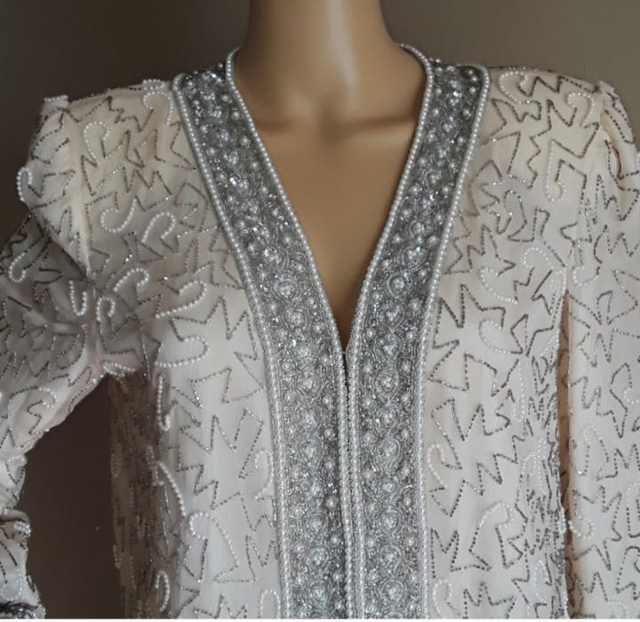 90's Cream Silk Beaded Formal Jazz EraJacket by Lawrence Kazar - Image 3