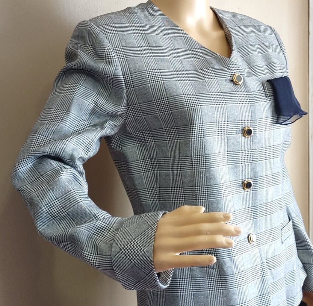 90's Navy Houndstooth Blazer by Le Suit Paris Ny - Image 4